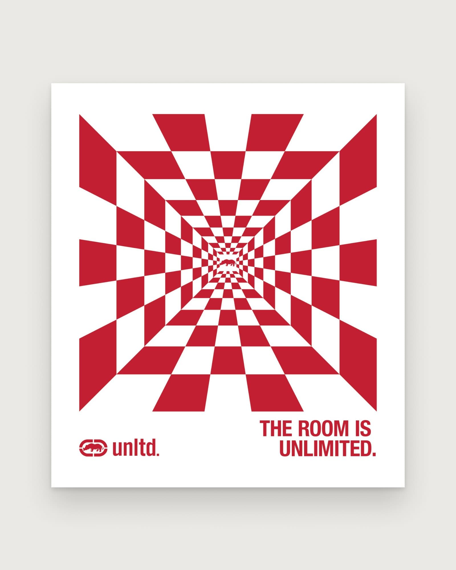 A red and white checkerboard pulled into a tunnel, with "The room is unlimited." and the unltd logo below