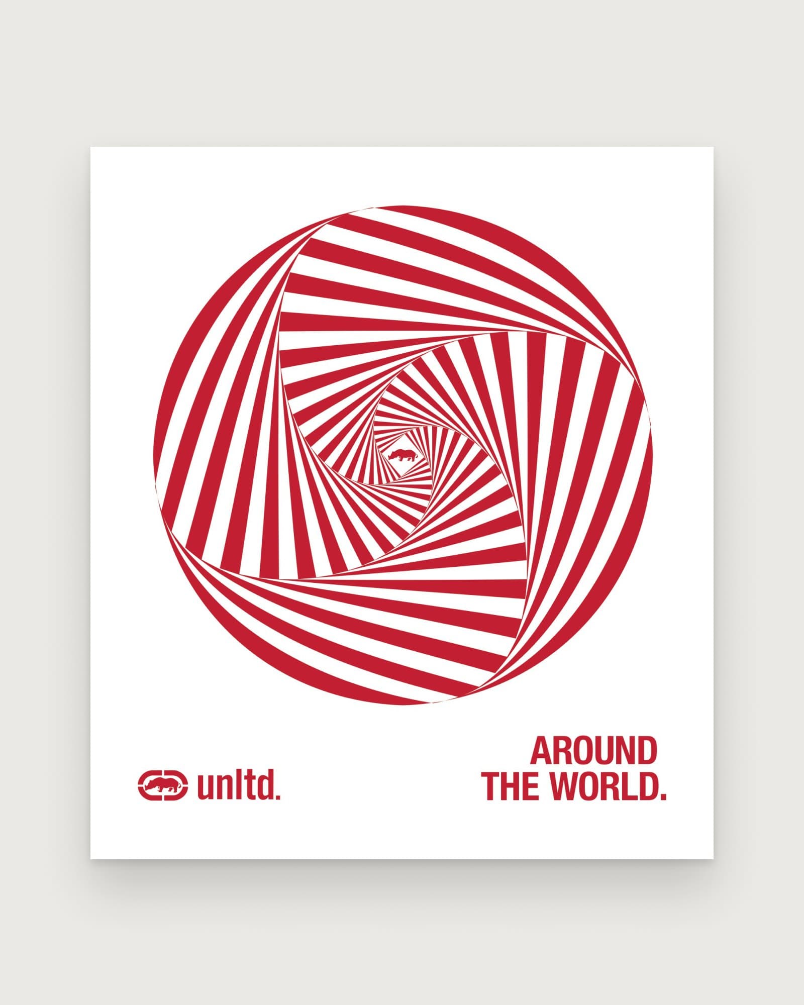 A circle of red and white stripes twisting toward its center, with "Around the world." below
