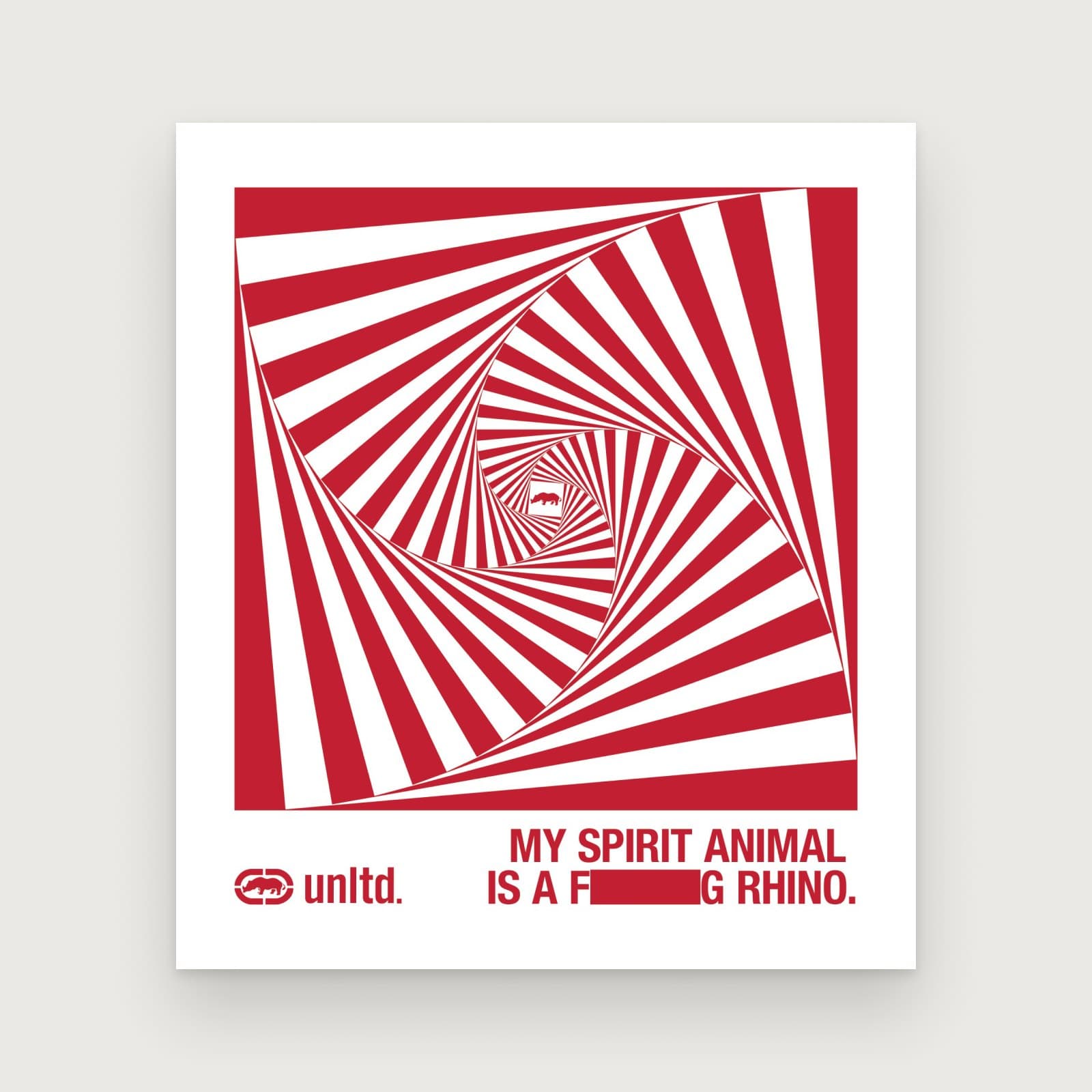 A square of red and white stripes spiralling inward around a small rhino