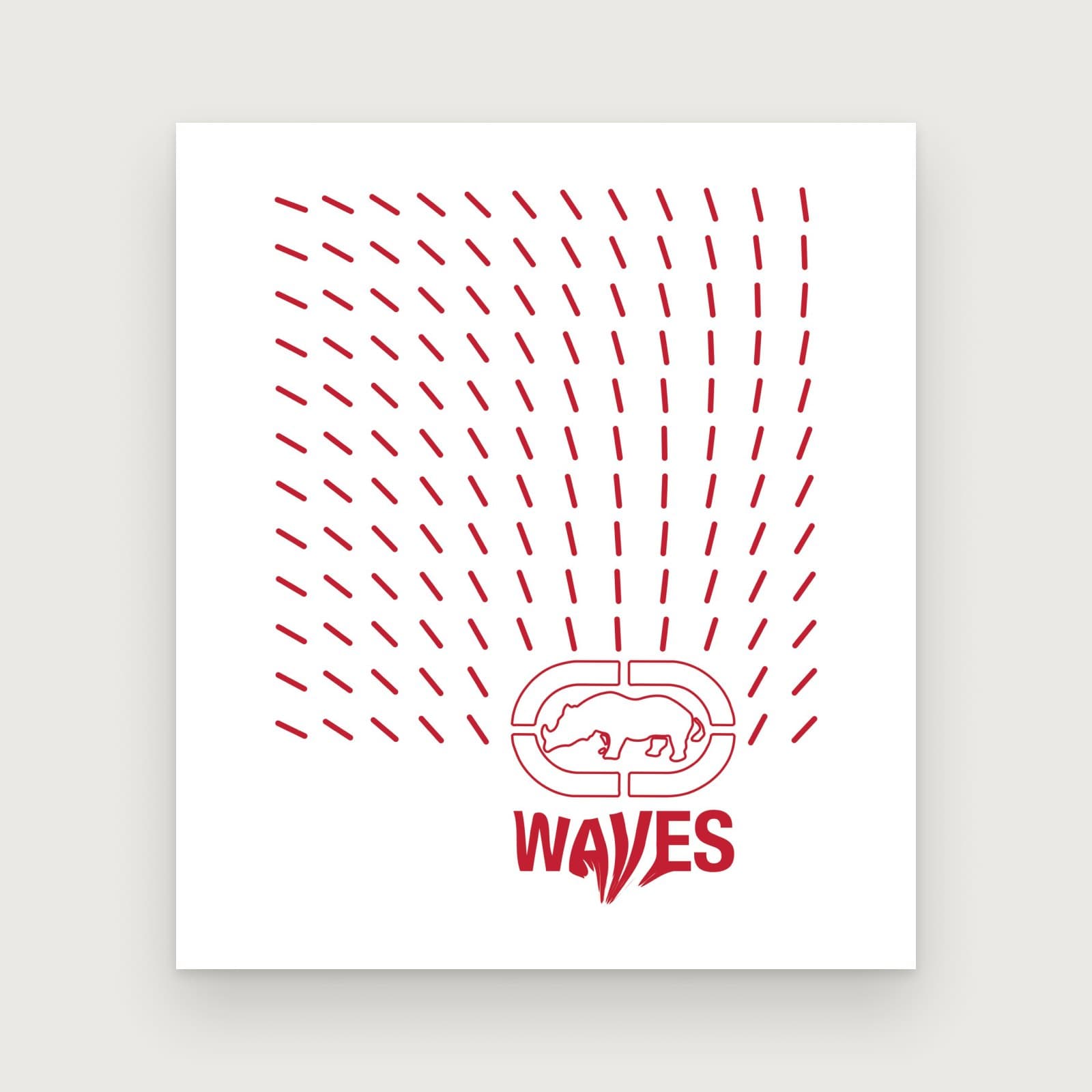A field of short red strokes bending around the rhino logo, with the word "Waves" below