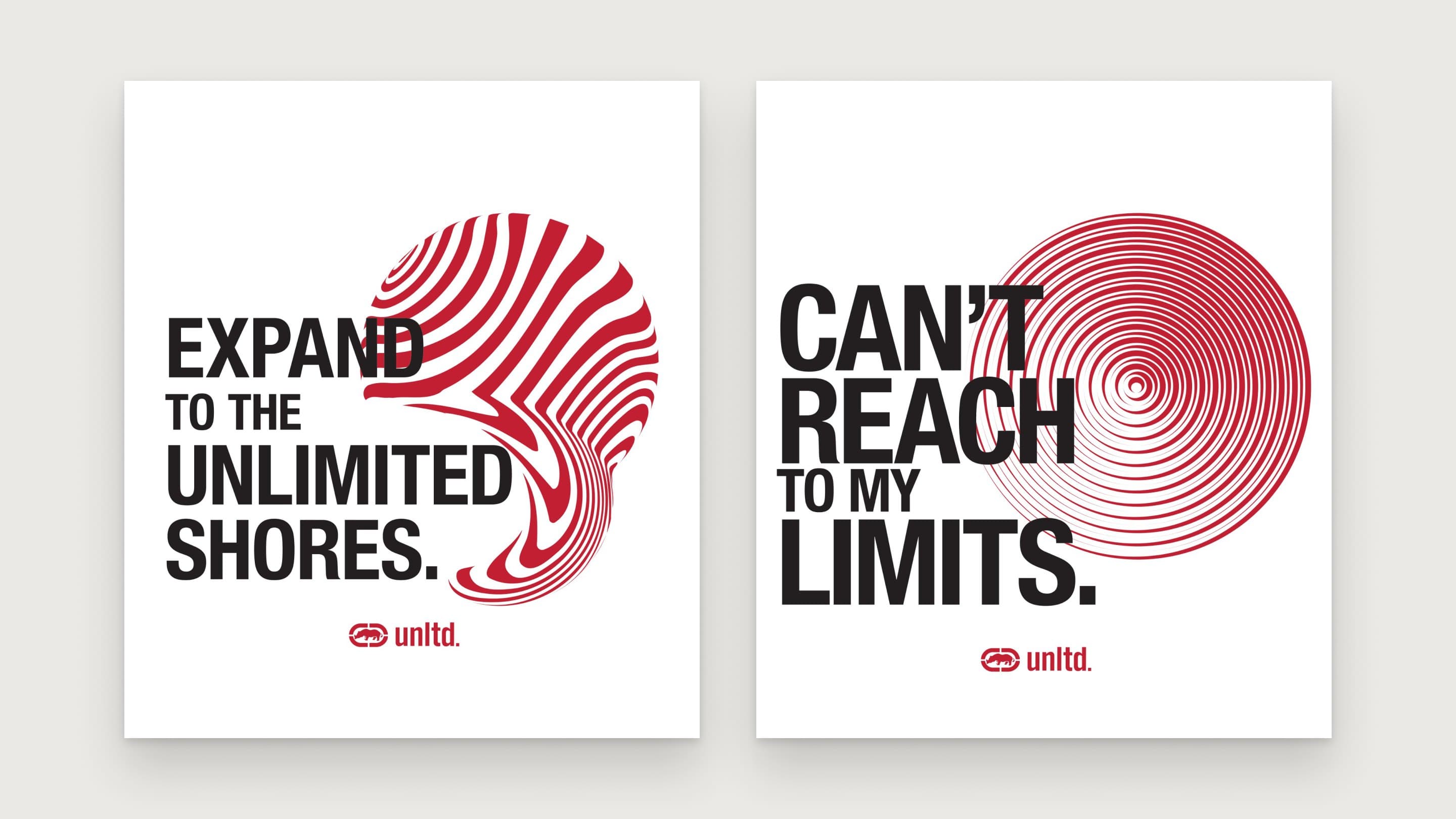 Two graphics side by side: "Expand to the unlimited shores." beside a red striped wave, and "Can't reach to my limits." beside red concentric rings
