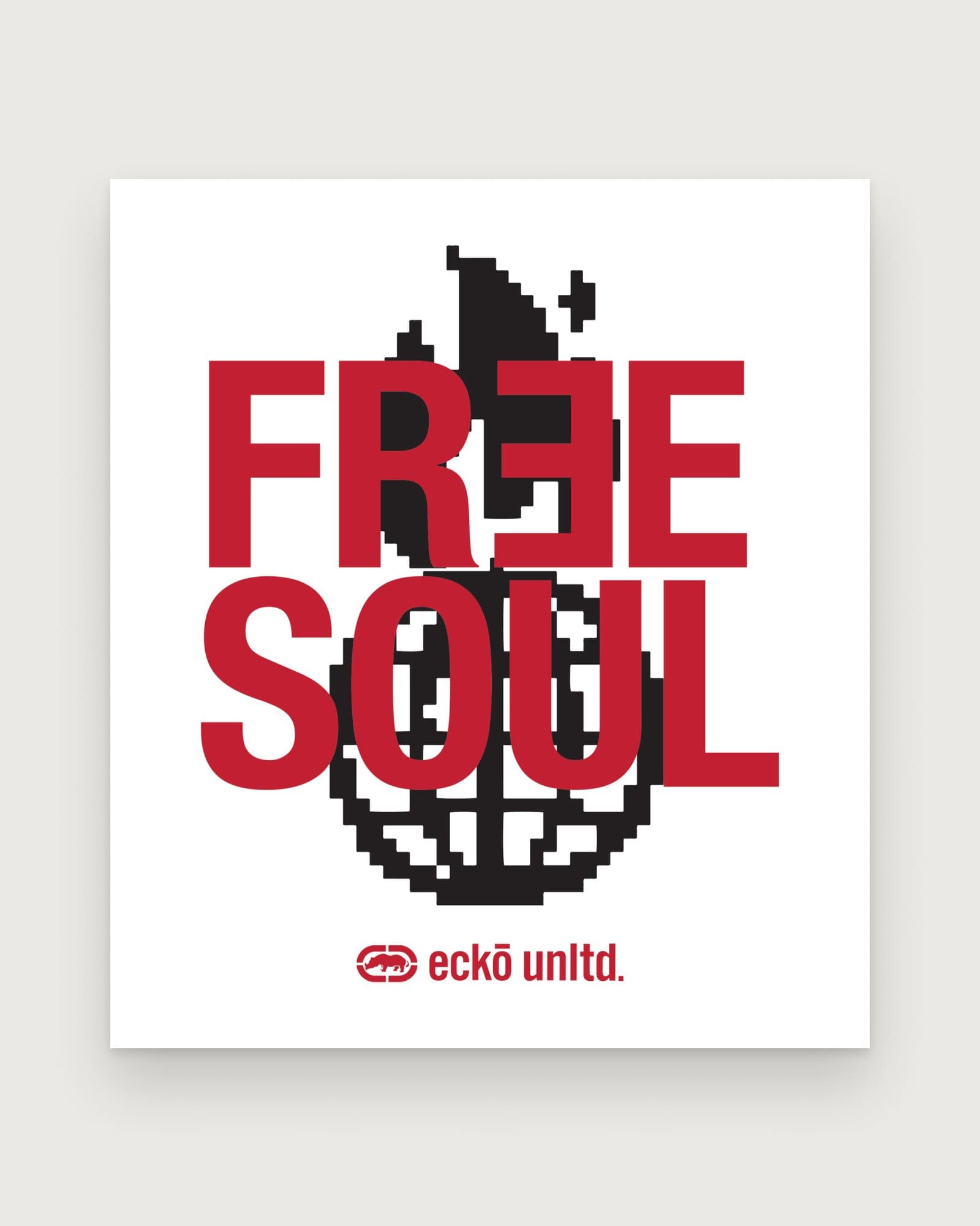 "Free soul" in heavy red type over a black pixel drawing of a hand holding a globe