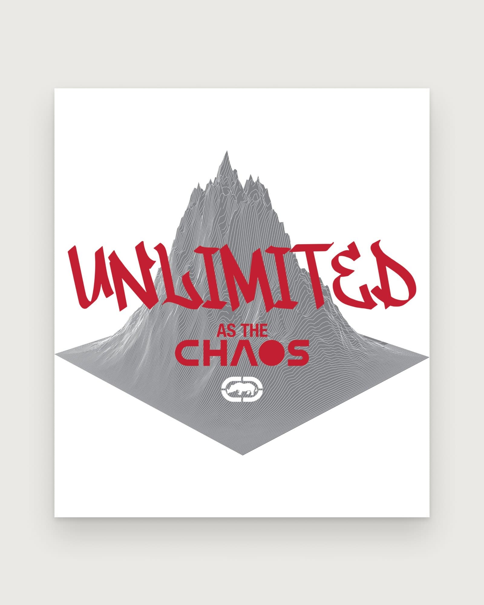 "Unlimited as the chaos" in red graffiti lettering over a grey wireframe mountain