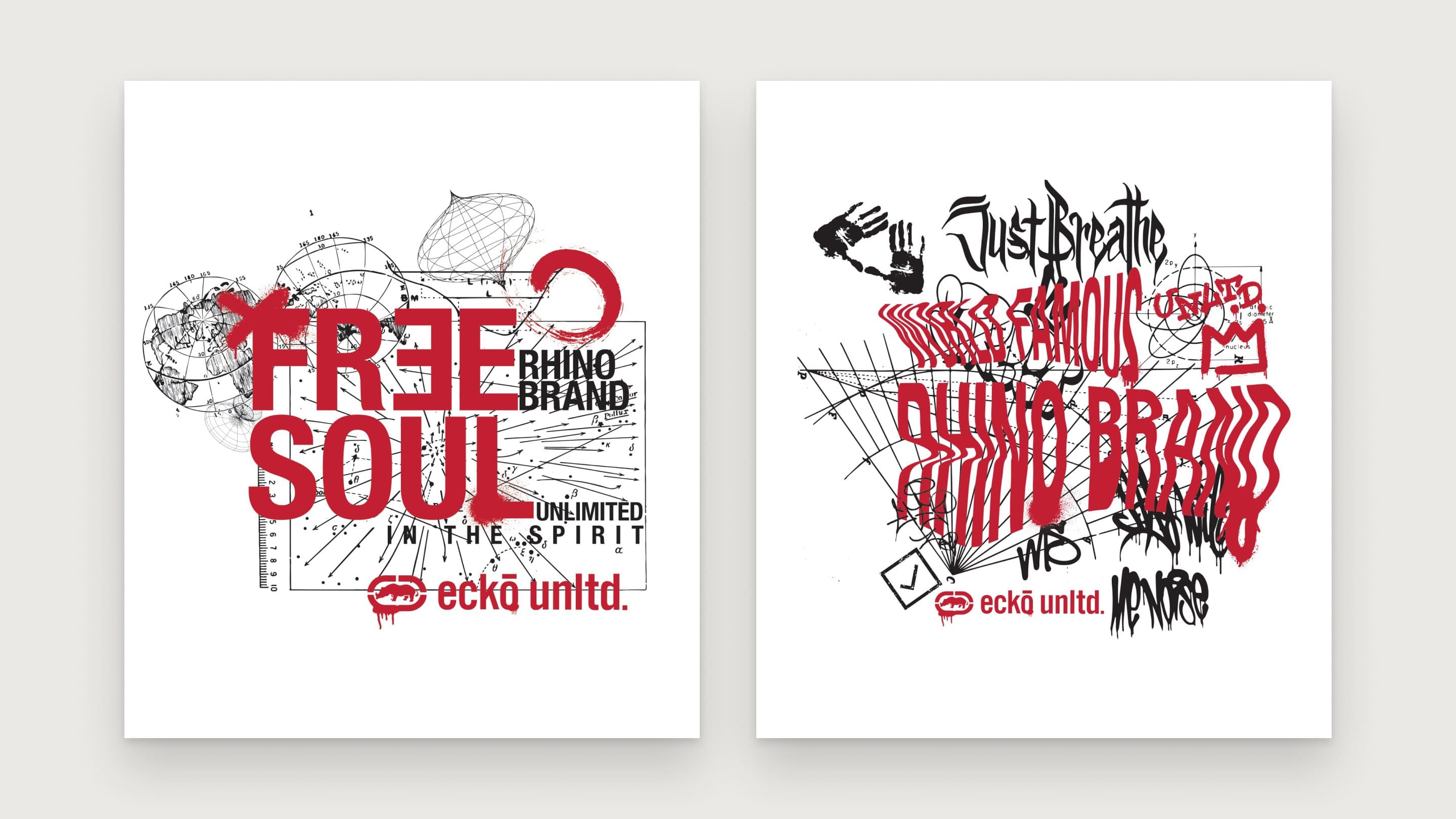 Two collage graphics: "Free soul, rhino brand" over globes and technical drawings, and "World famous rhino brand" in warped red letters under black tags