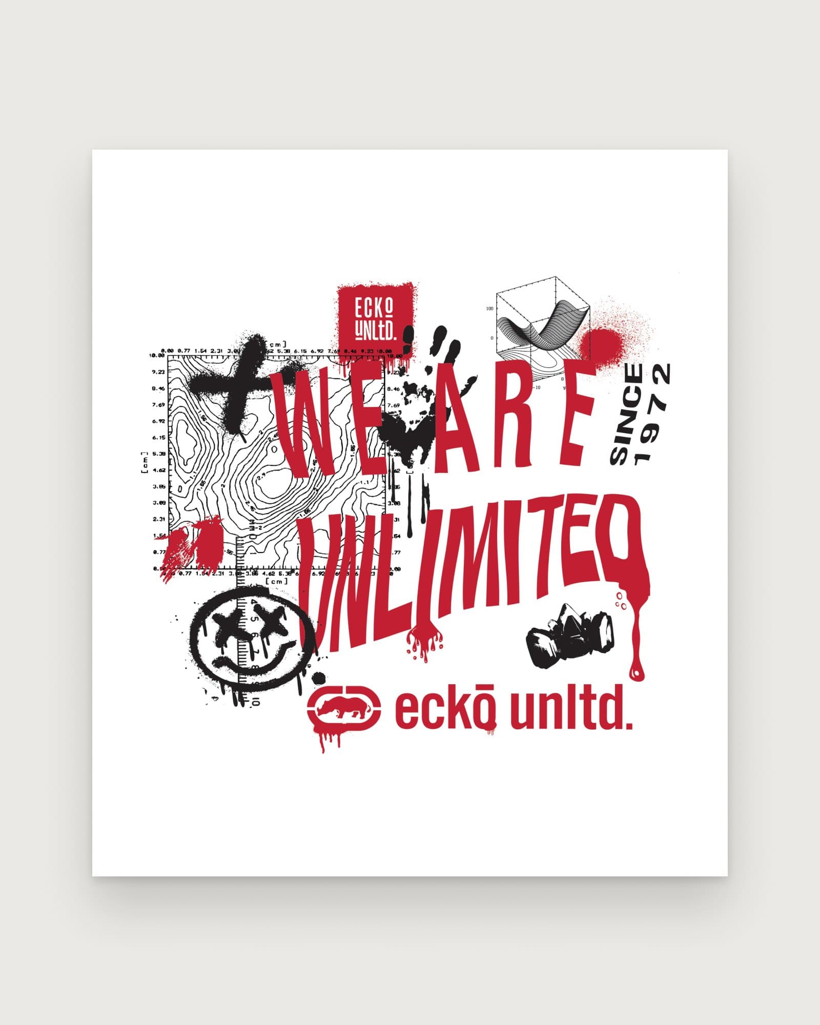 "We are unlimited" in torn red letters among black tags, a smiley, a spray can and "Since 1972"