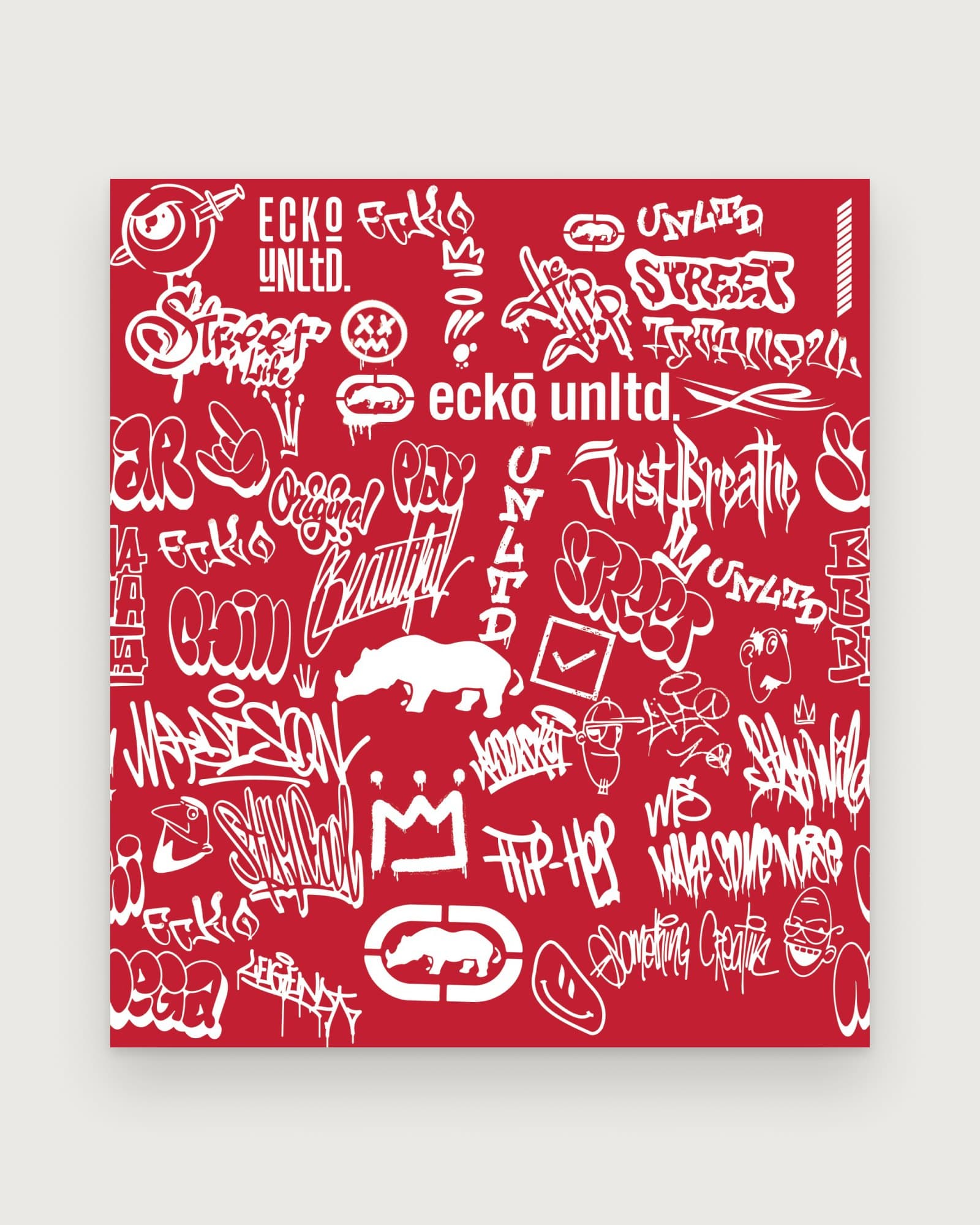 An all-over print of white graffiti tags, the rhino and the Ecko logo on red