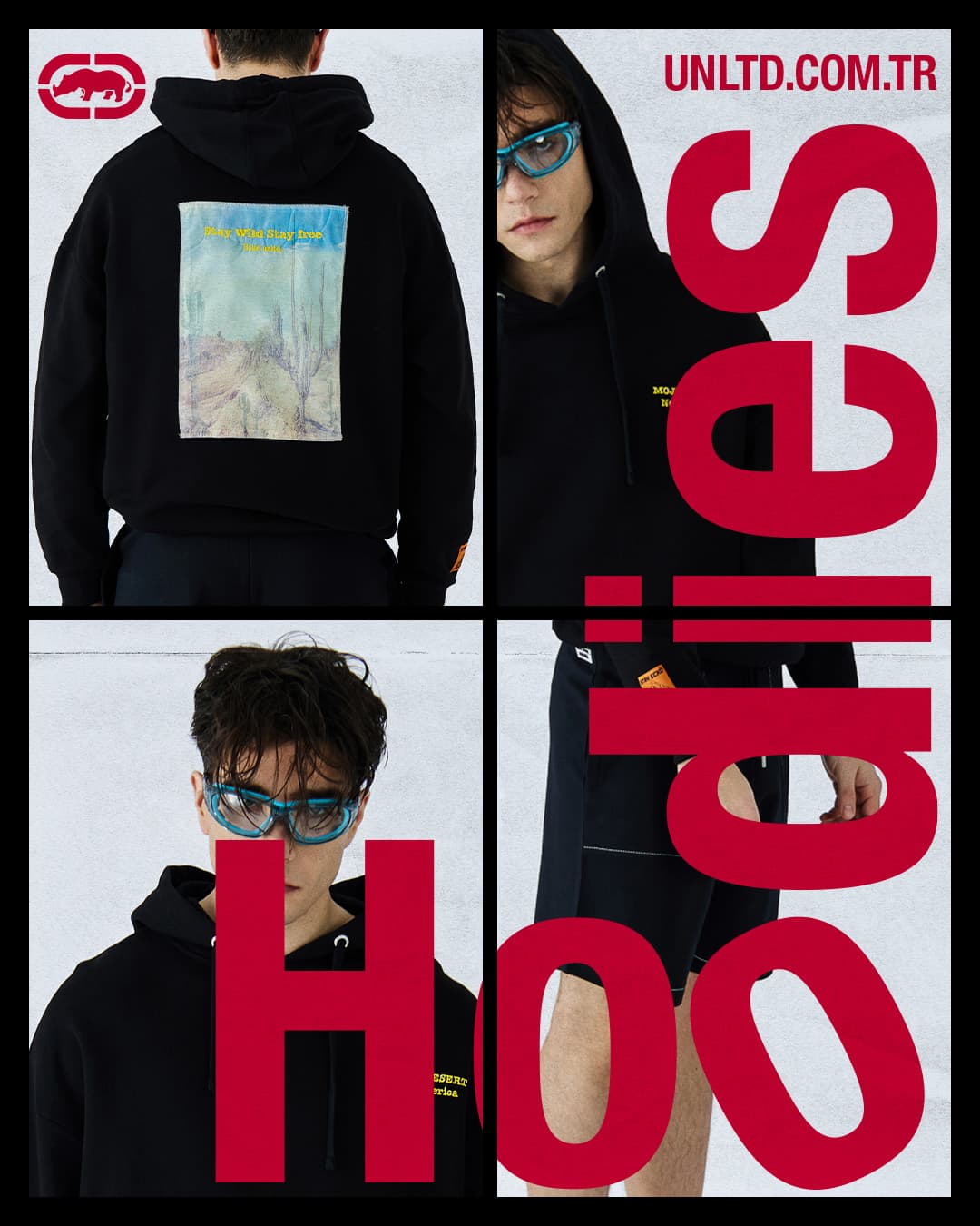 An Instagram post: four photos of hoodies in a grid, with "Hoodies" set vertically in large red letters across them