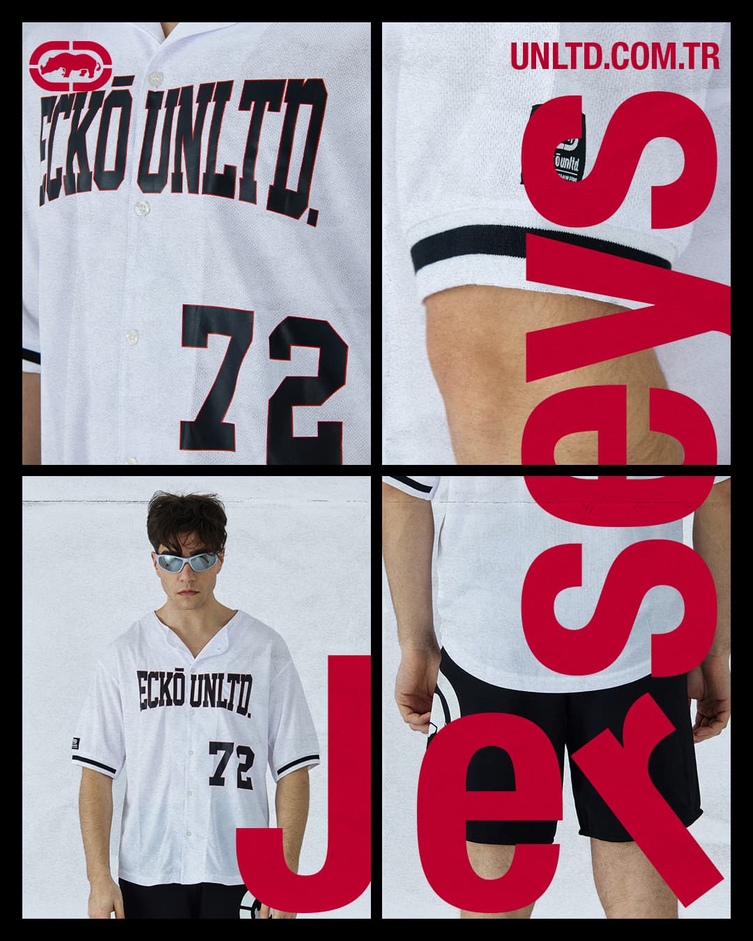 An Instagram post: four photos of the 72 jersey in a grid, with "Jerseys" set vertically in large red letters across them