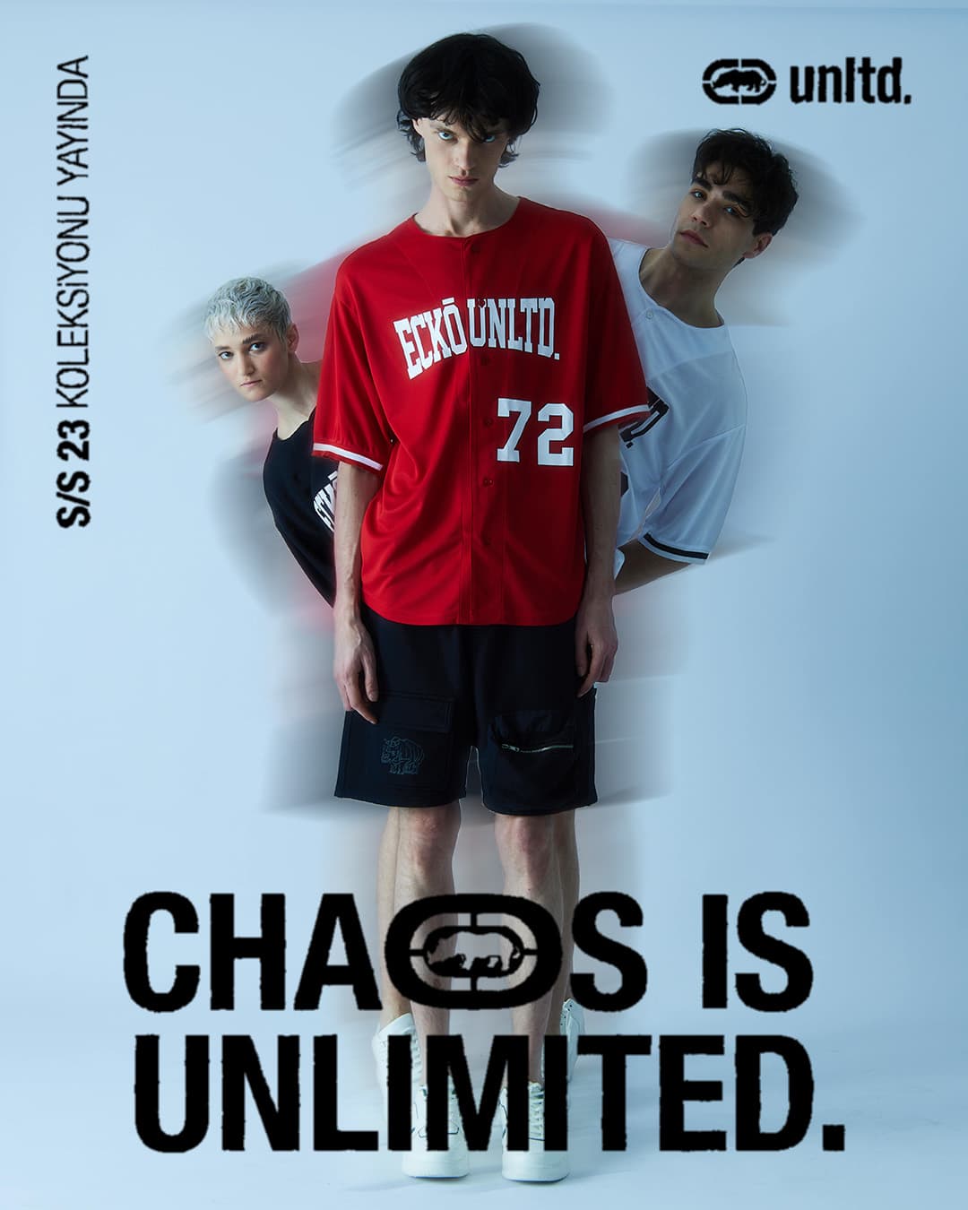 An Instagram post: three models in Ecko jerseys above the line "Chaos is unlimited.", with the rhino logo in the O