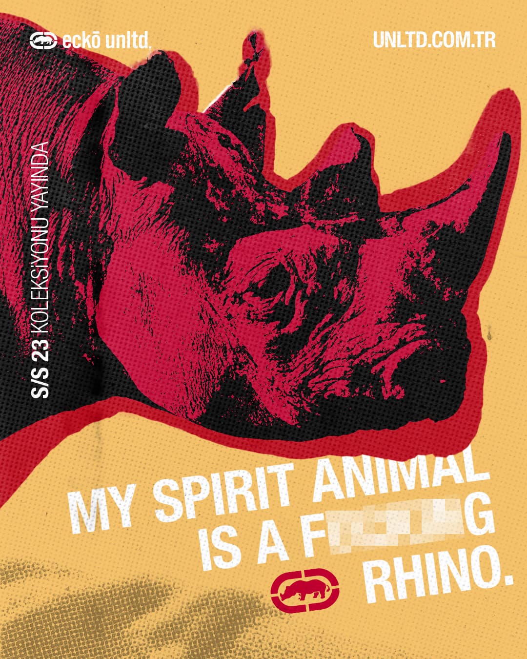 An Instagram post: a red and black halftone rhino on yellow paper, with the launch line in white below