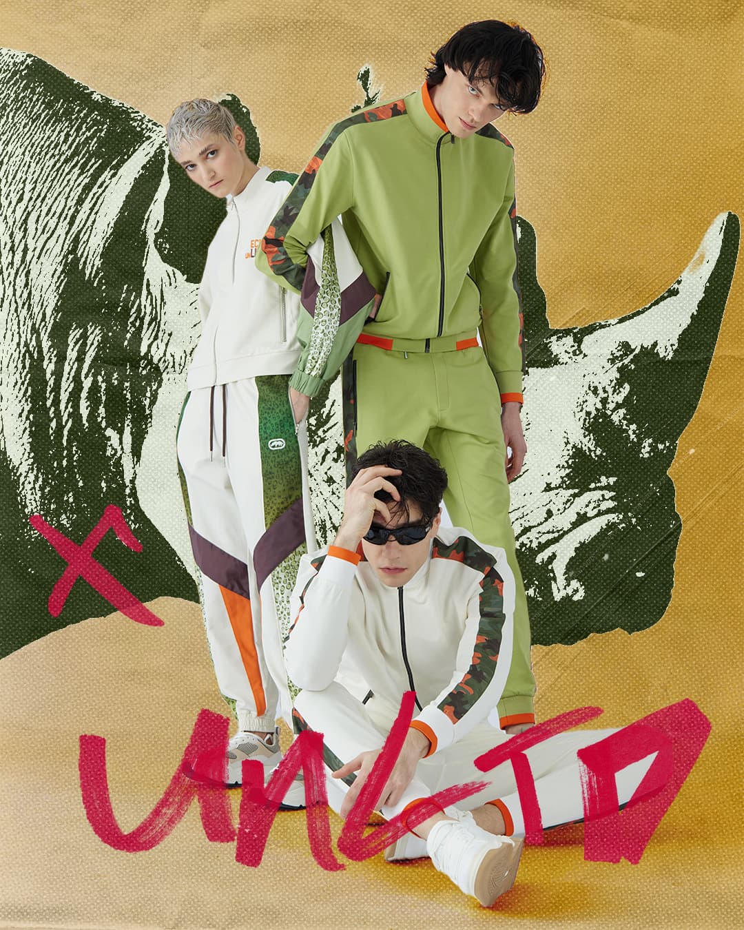 An Instagram post: three models in tracksuits in front of a green halftone rhino, with UNLTD scrawled in red marker