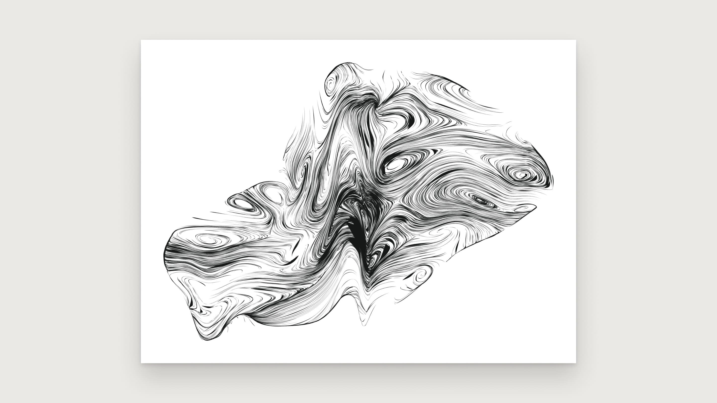 Parametric 07: a dense field of black flow lines curling into eddies, printed on a white sheet