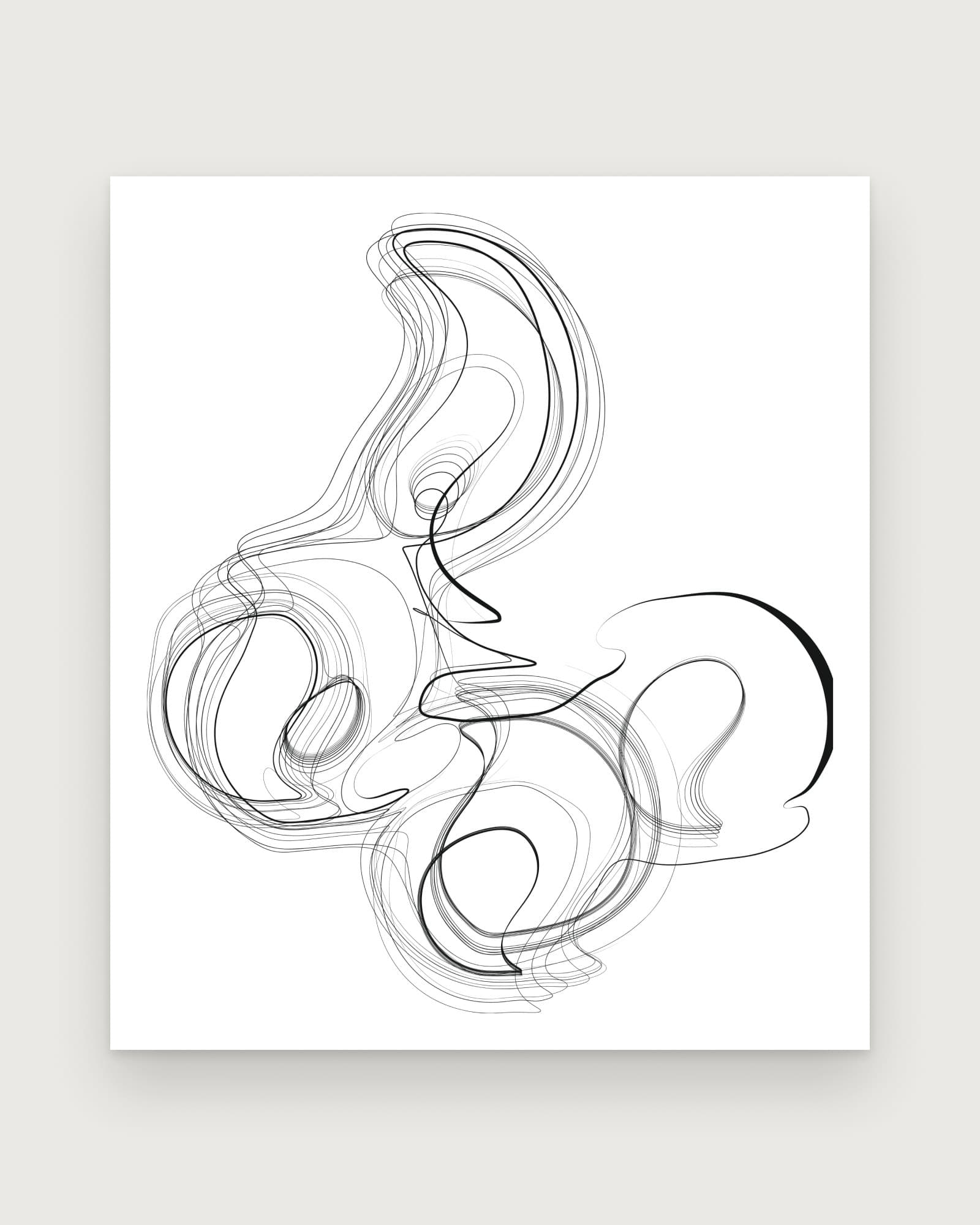 Parametric 08: loose black curves of changing weight looping around one another on a white sheet