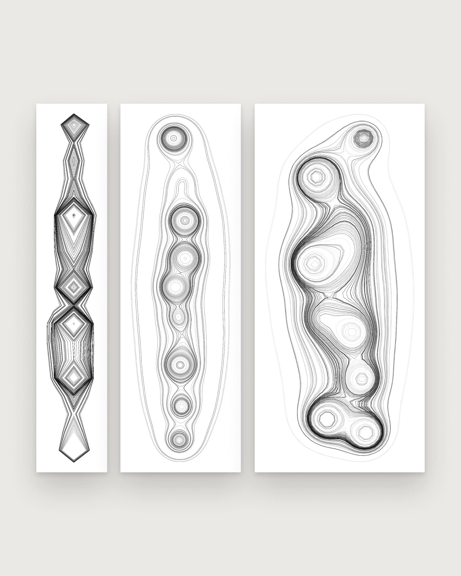 Three narrow parametric strips side by side: a chain of diamonds, a chain of rings and a wider form of nested contours