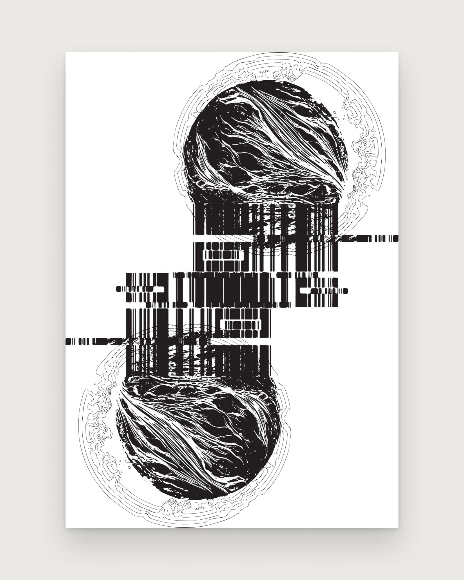 Composition 03: two spheres of tangled line work joined by a band of glitched bars, black on white