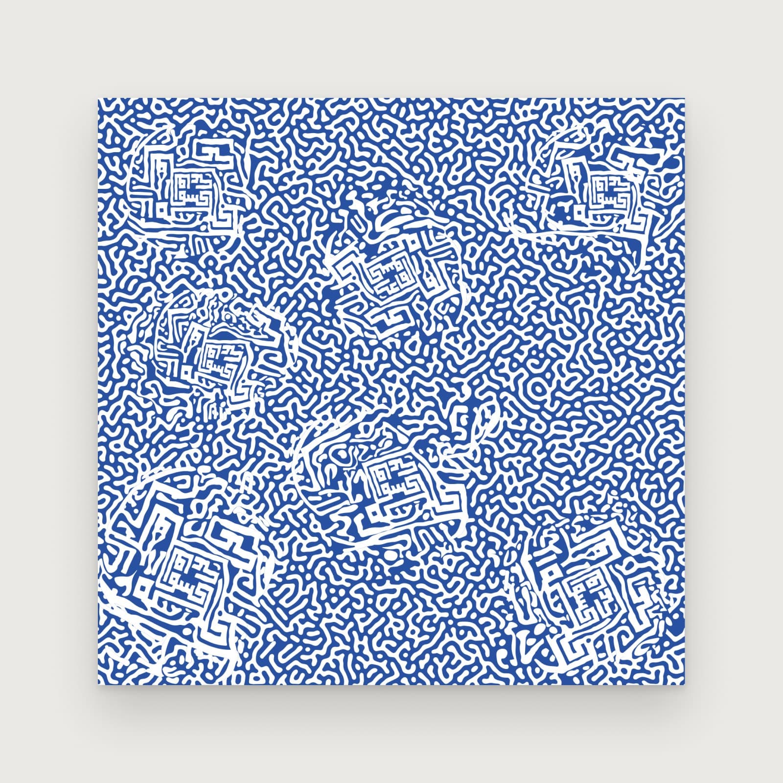 An all-over maze print in blue and white, built from the square kufic KNTLGY mark
