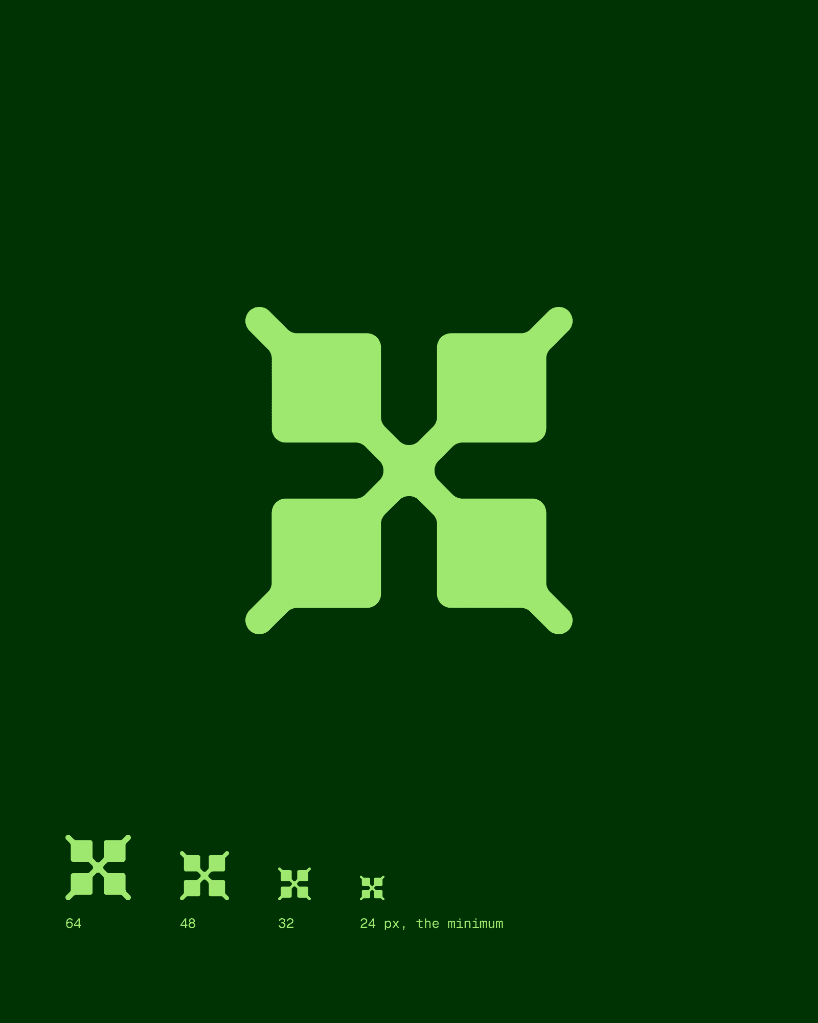 The Widgo logomark in lime on forest green, with the same mark at 64, 48, 32 and 24 pixels