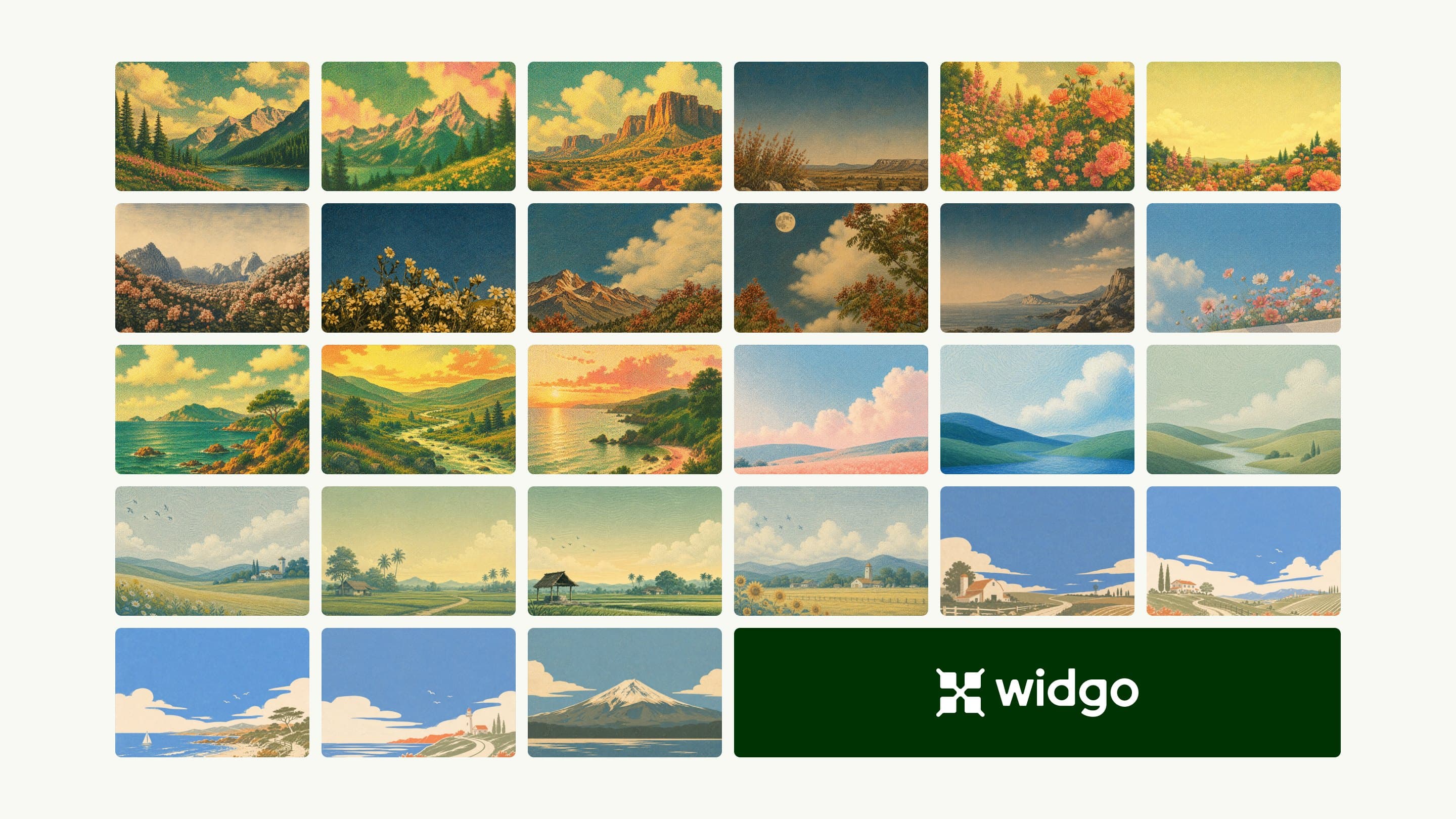 All 27 landscape plates in a grid: mountains, flower fields, coastlines and farmland in printed grain, with the Widgo logo in the last cell