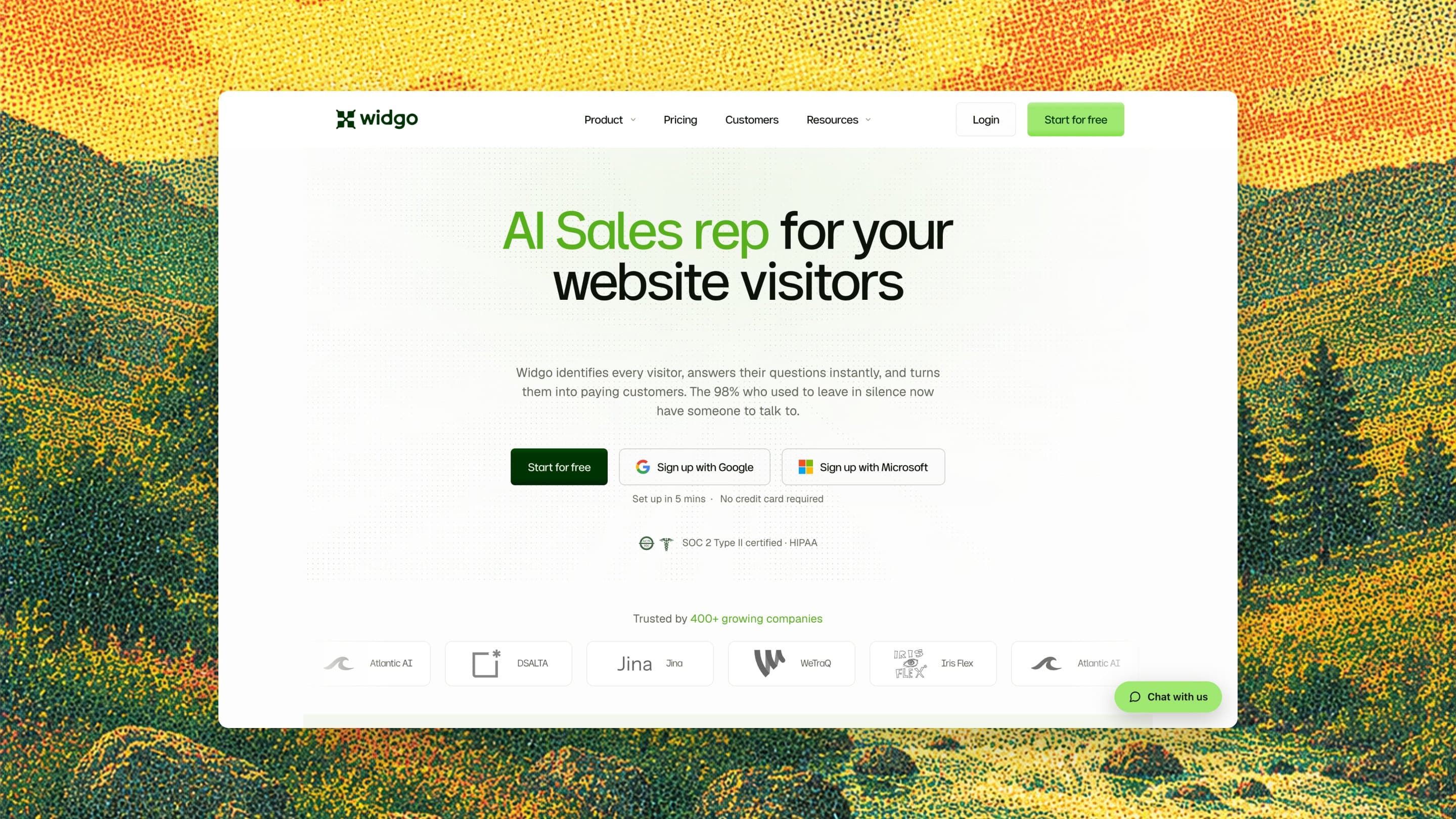 The widgo.ai home page, whole, on a printed landscape of green hills under a golden sky