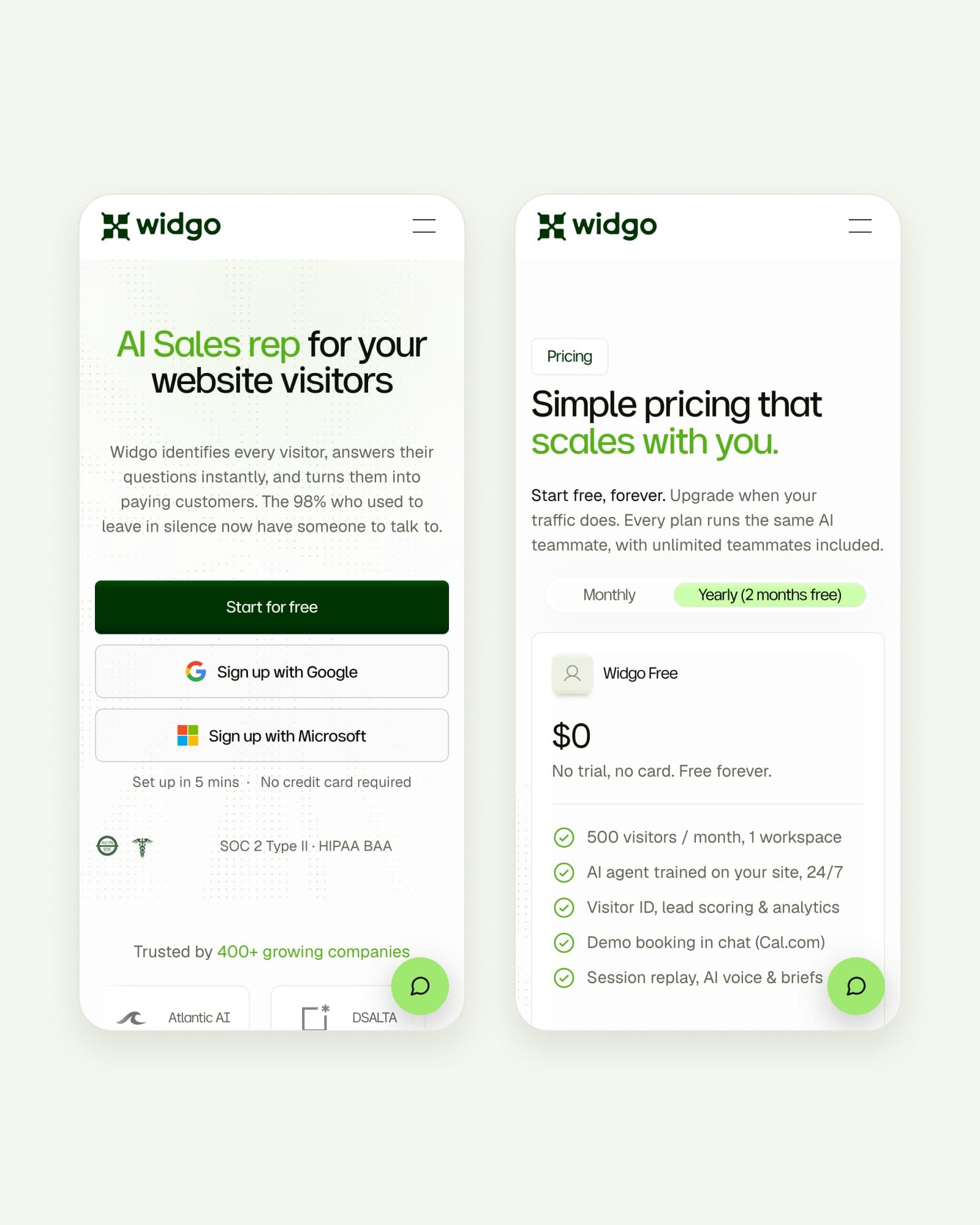 The home and pricing pages on a phone, side by side
