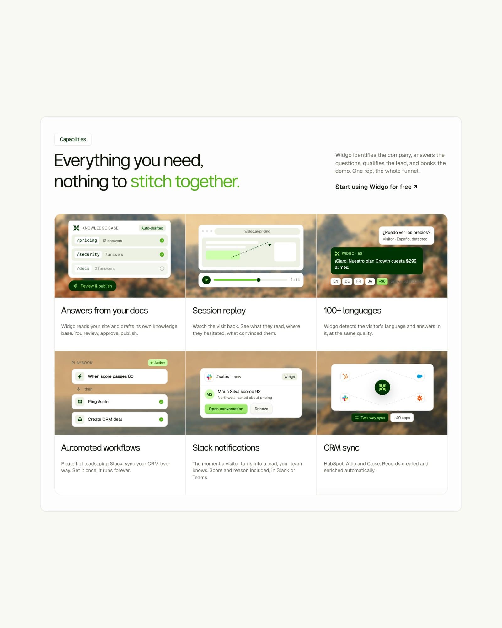 The capabilities section: six white product cards set on landscape plates