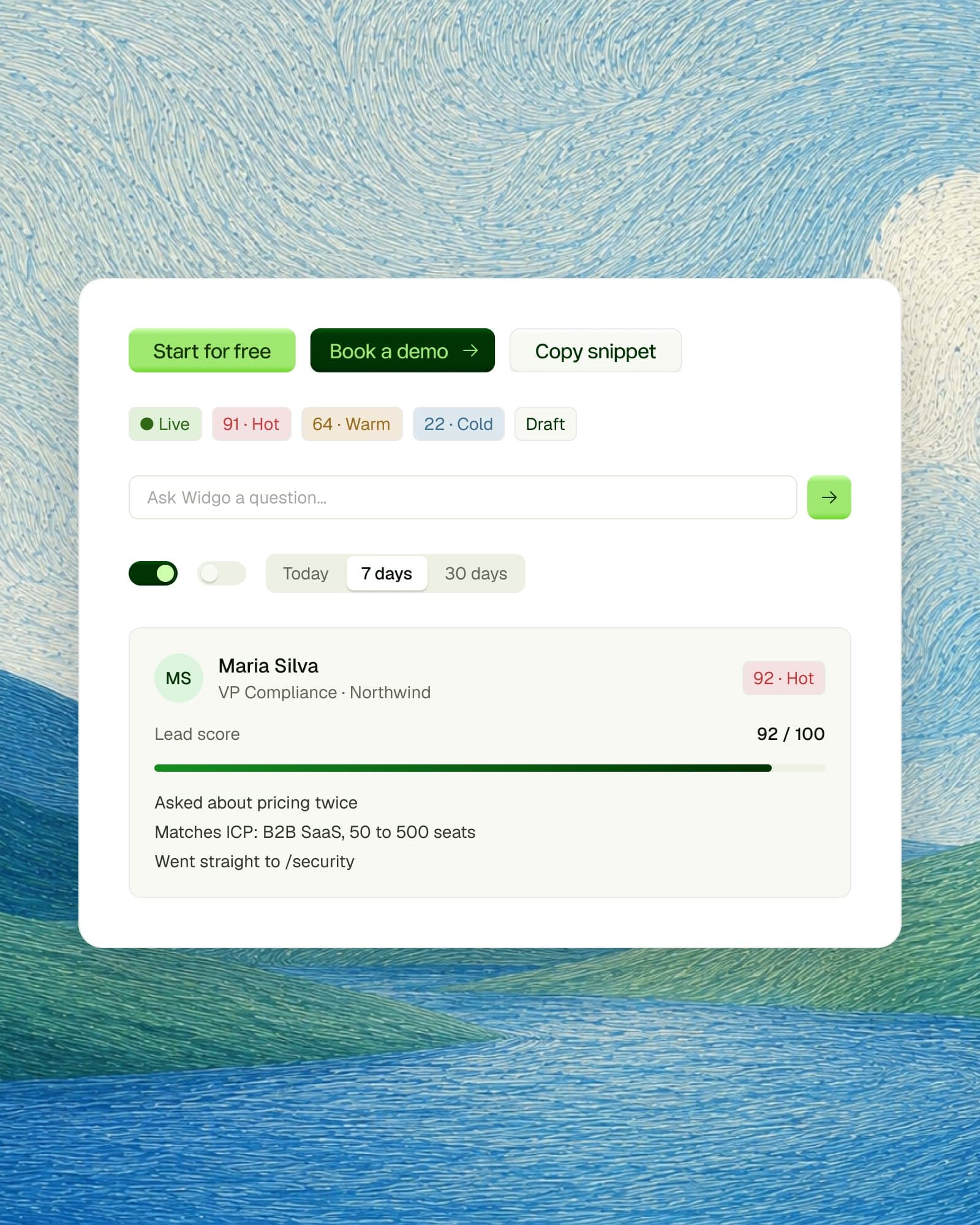 Widgo components on a white card over a landscape plate: lime, forest and neutral buttons, lead badges, an input, toggles, a segmented control and a lead card with a 92 out of 100 score