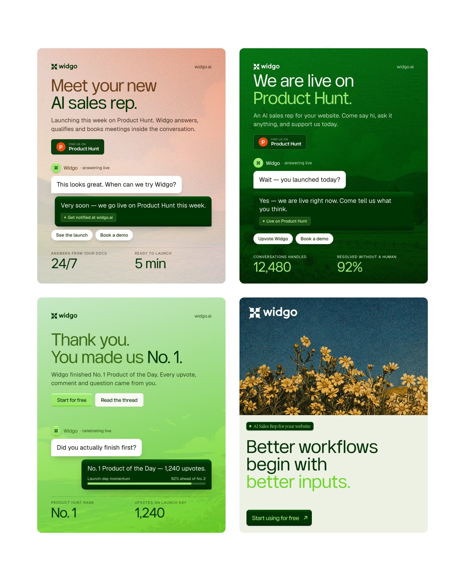 Four Widgo posts: Meet your new AI sales rep, We are live on Product Hunt, Thank you, you made us No. 1, and Better workflows begin with better inputs
