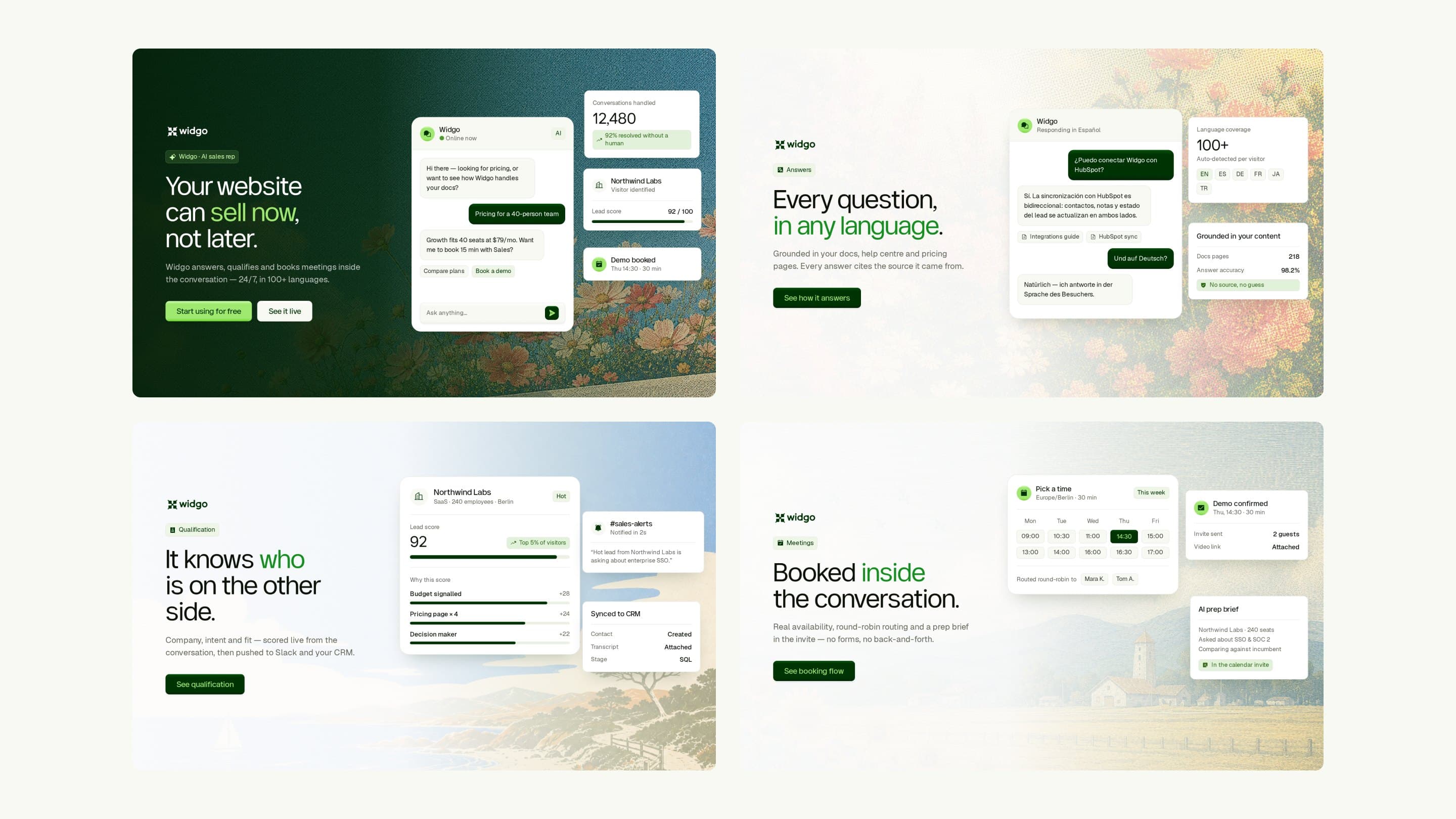 The four Product Hunt gallery images, each a headline beside floating product cards on a landscape plate