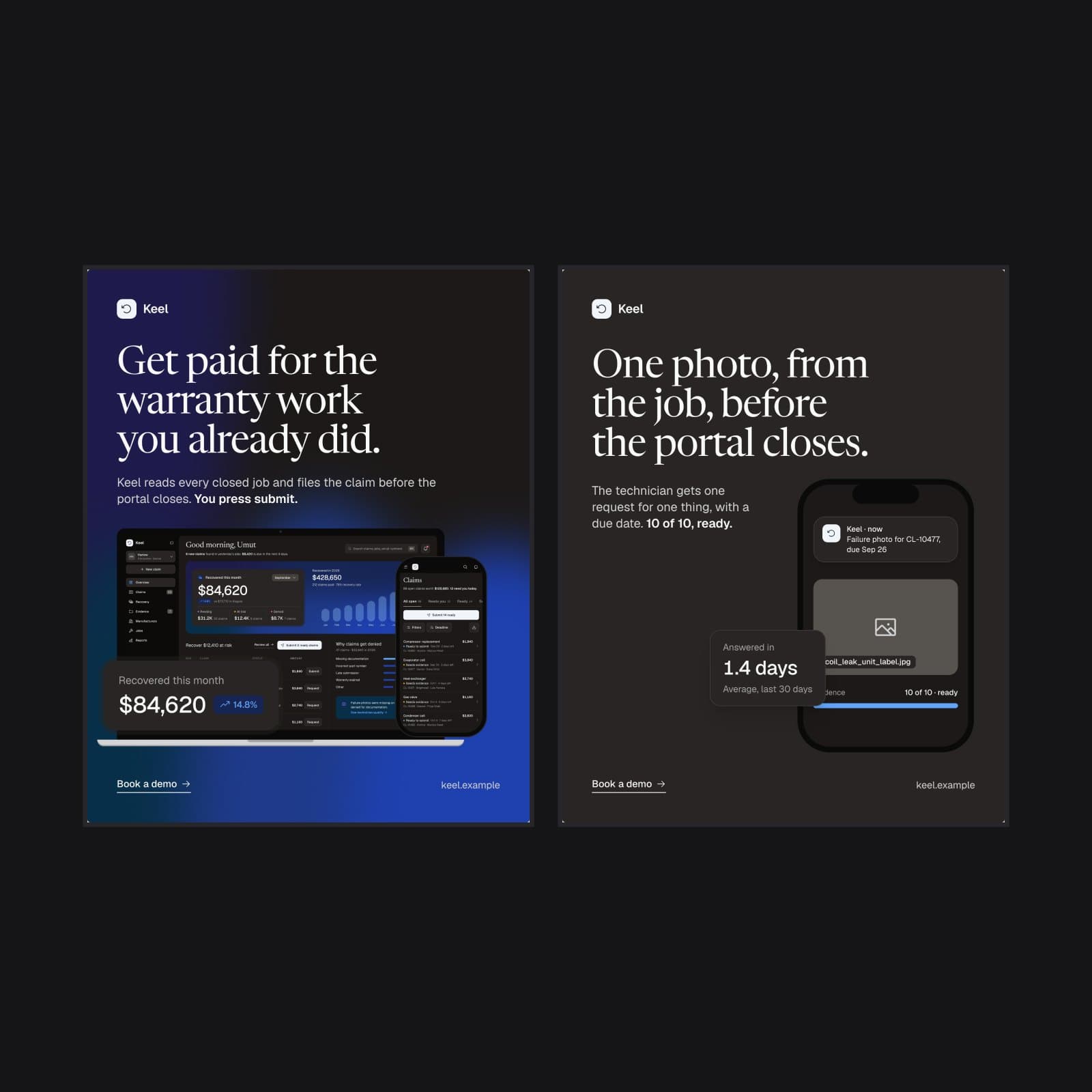 Two Aether social posts, one with the product on a laptop and a phone, one with a phone request and a stat