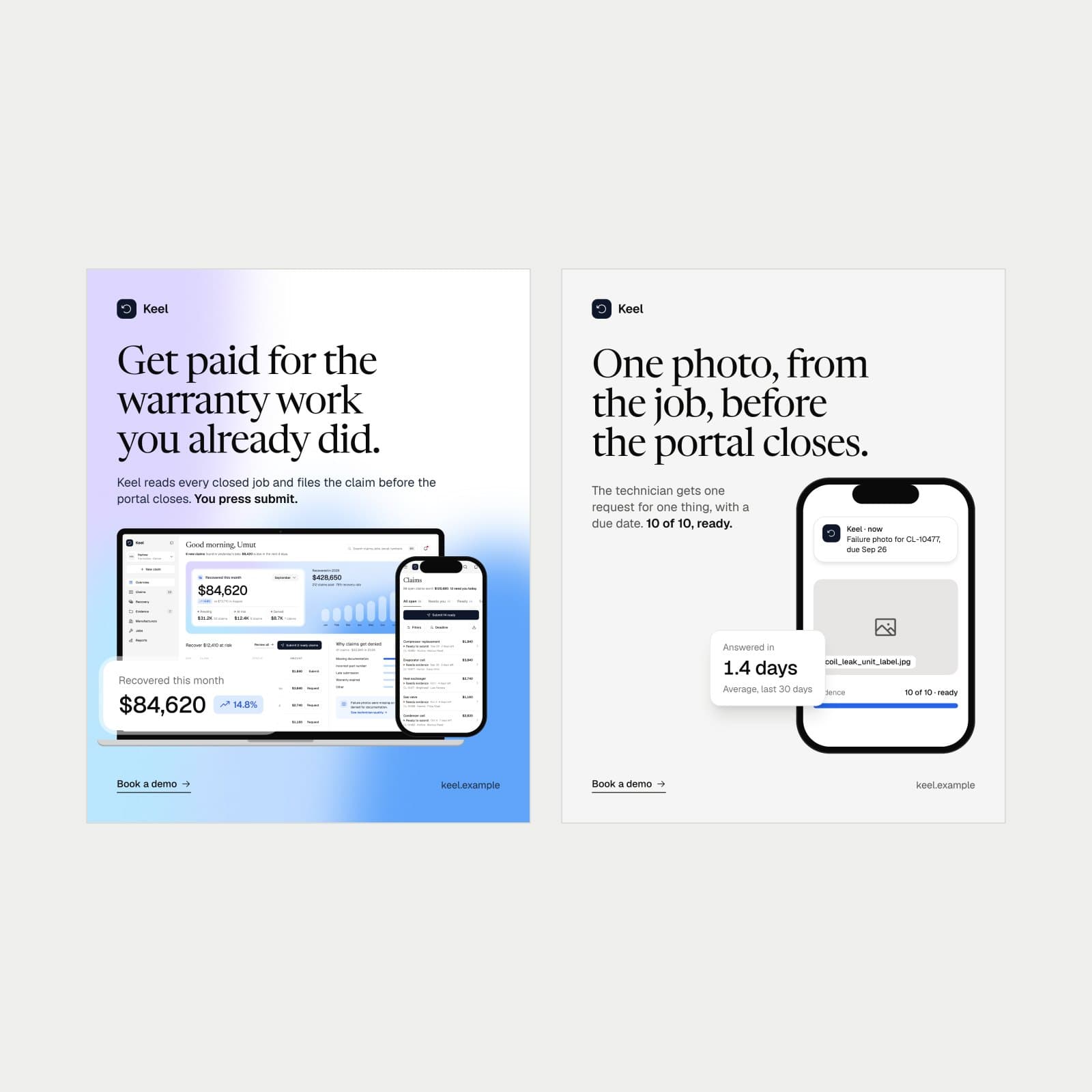 Two Aether social posts, one with the product on a laptop and a phone, one with a phone request and a stat
