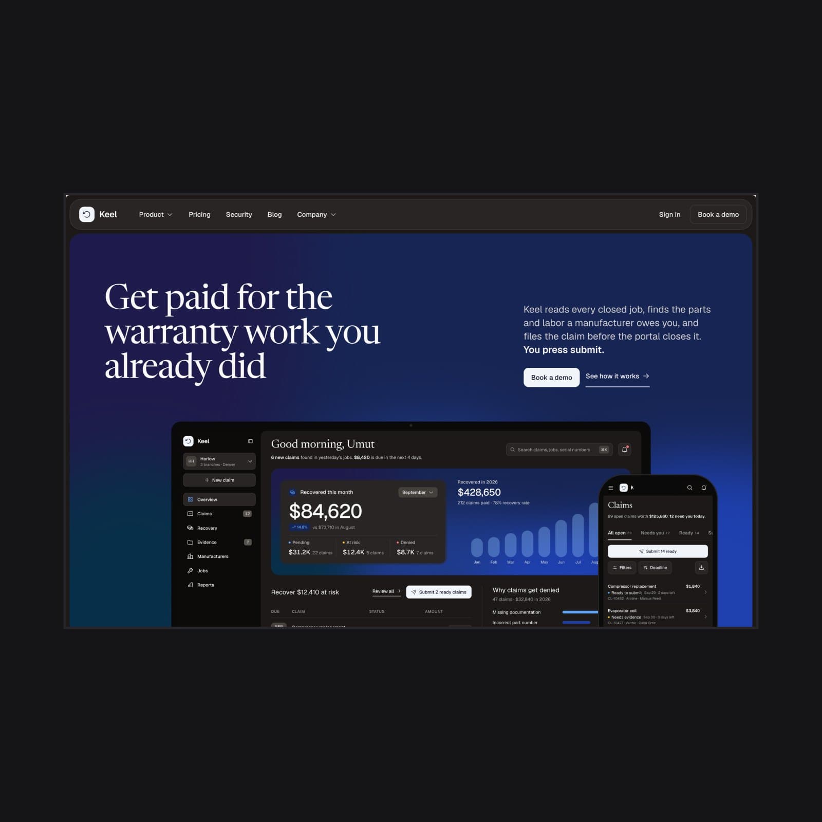 The marketing website Aether dresses, its home page at desktop width with the product on a laptop and a phone