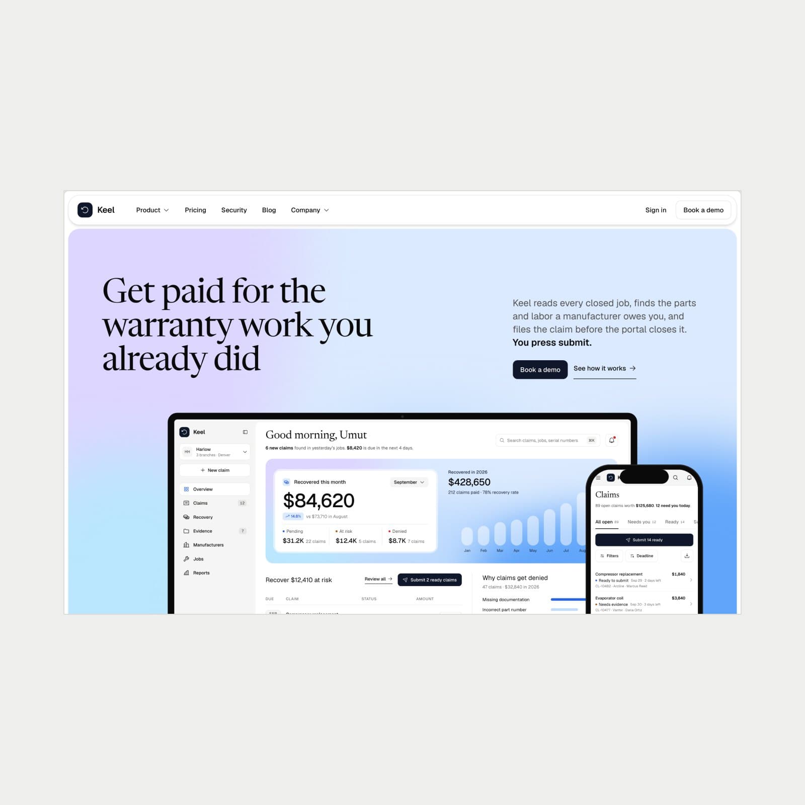 The marketing website Aether dresses, its home page at desktop width with the product on a laptop and a phone