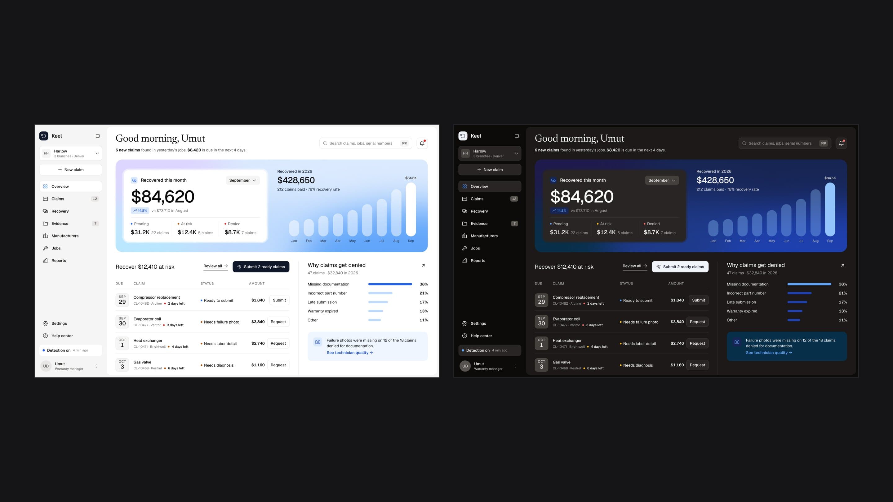 The overview in Aether, a serif greeting over one sky band, light mode beside dark mode