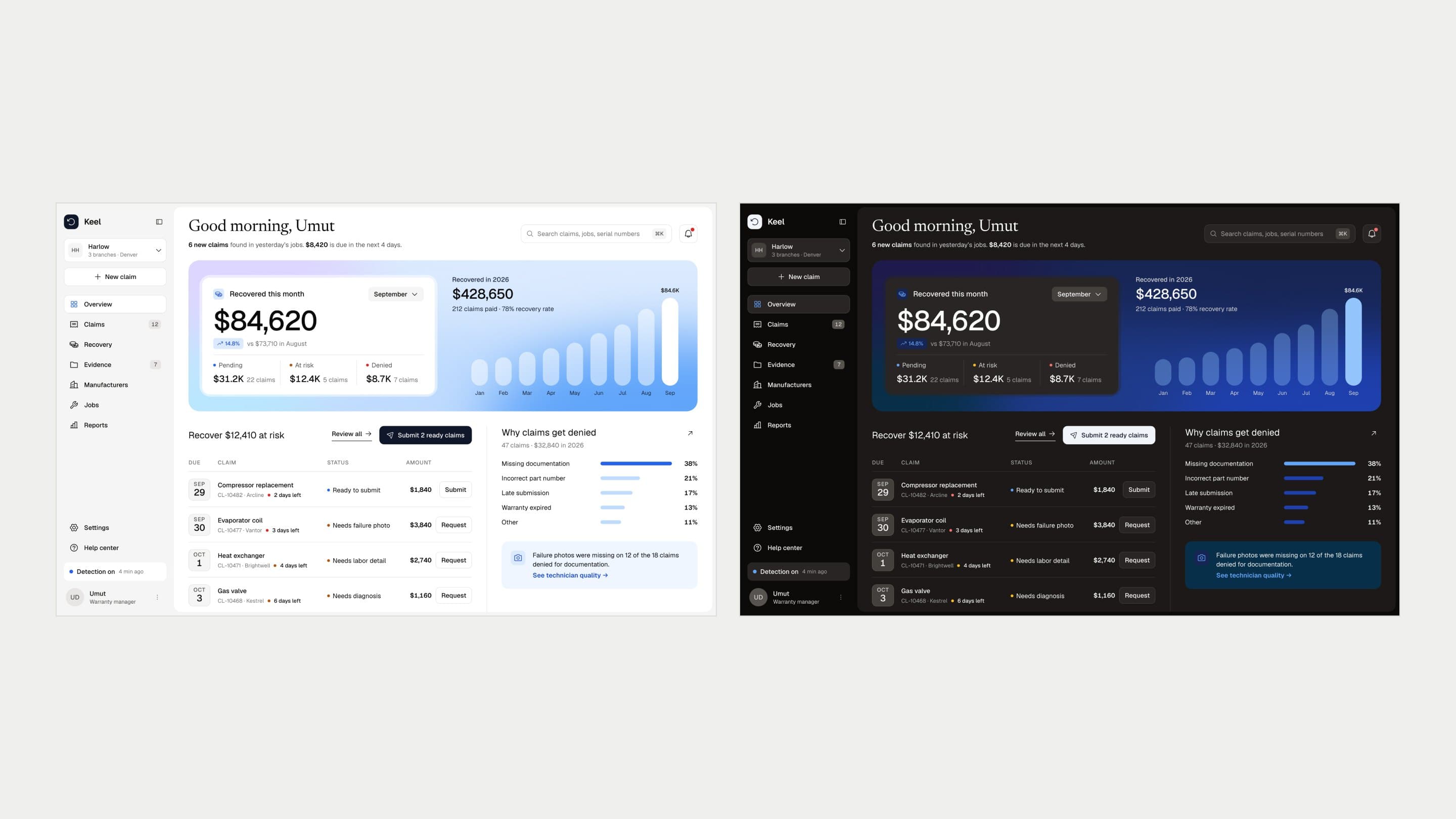 The overview in Aether, a serif greeting over one sky band, light mode beside dark mode