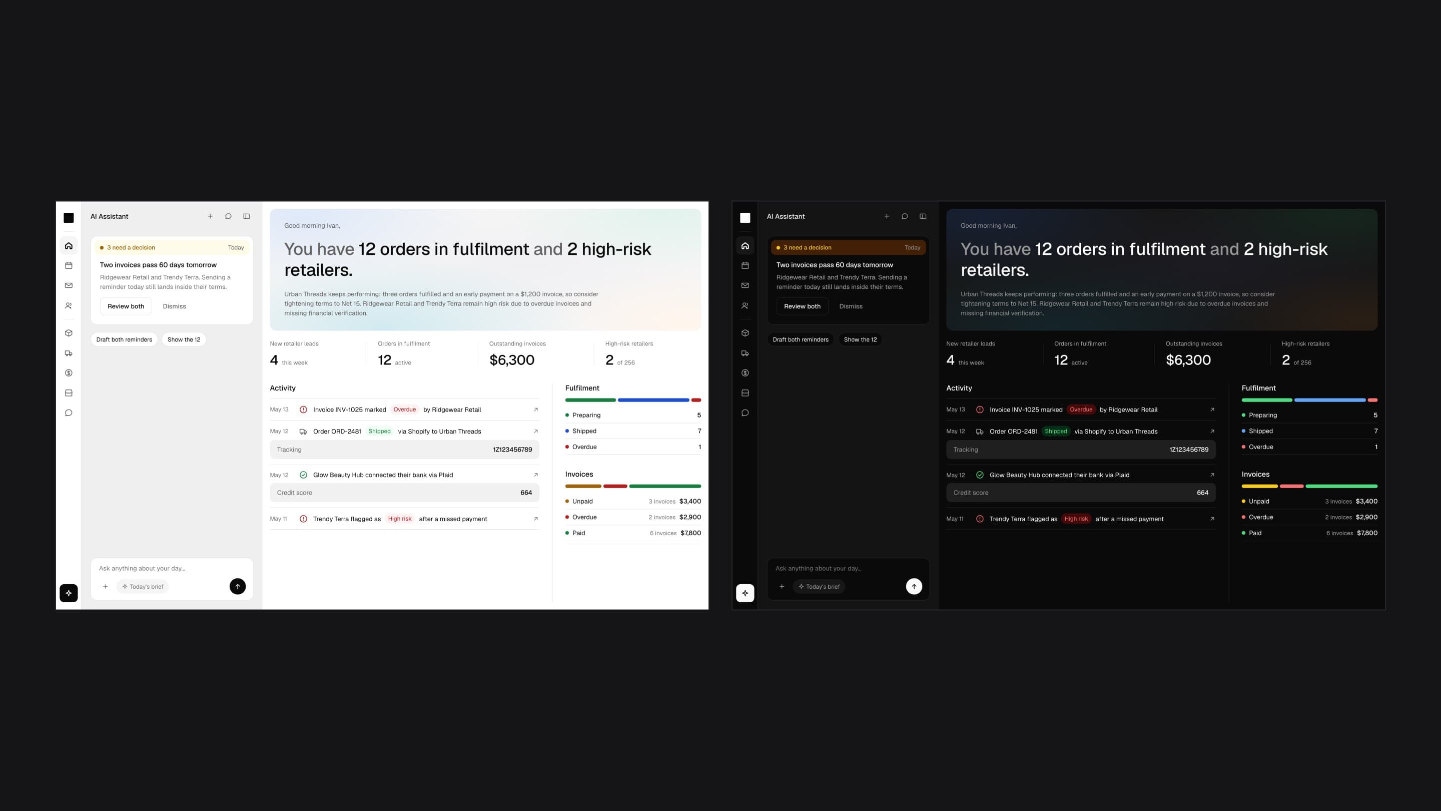 The dashboard in Athena, its conclusion in one sentence above the data, light mode beside dark mode
