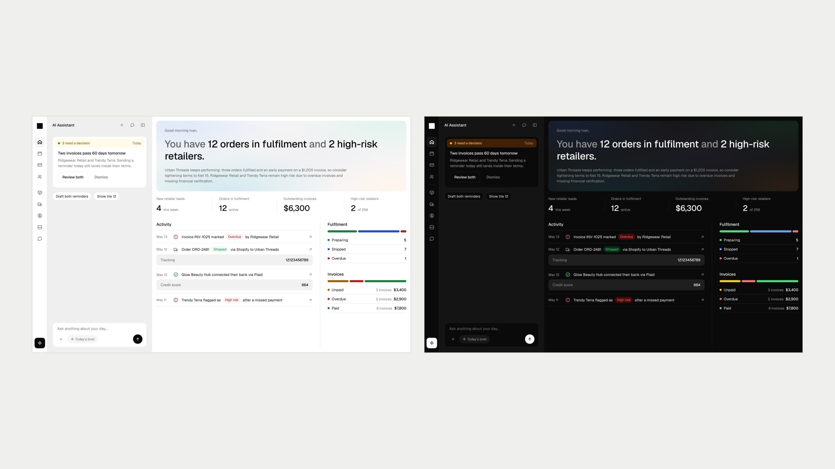 The dashboard in Athena, its conclusion in one sentence above the data, light mode beside dark mode