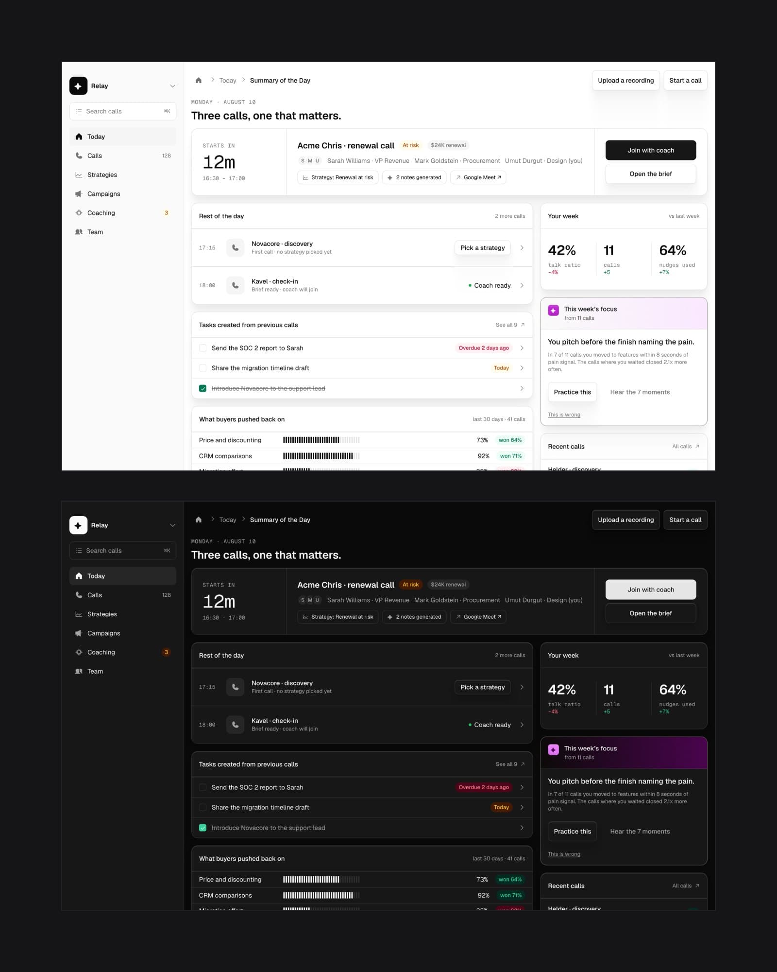The day summary in Hermes, light mode above dark mode