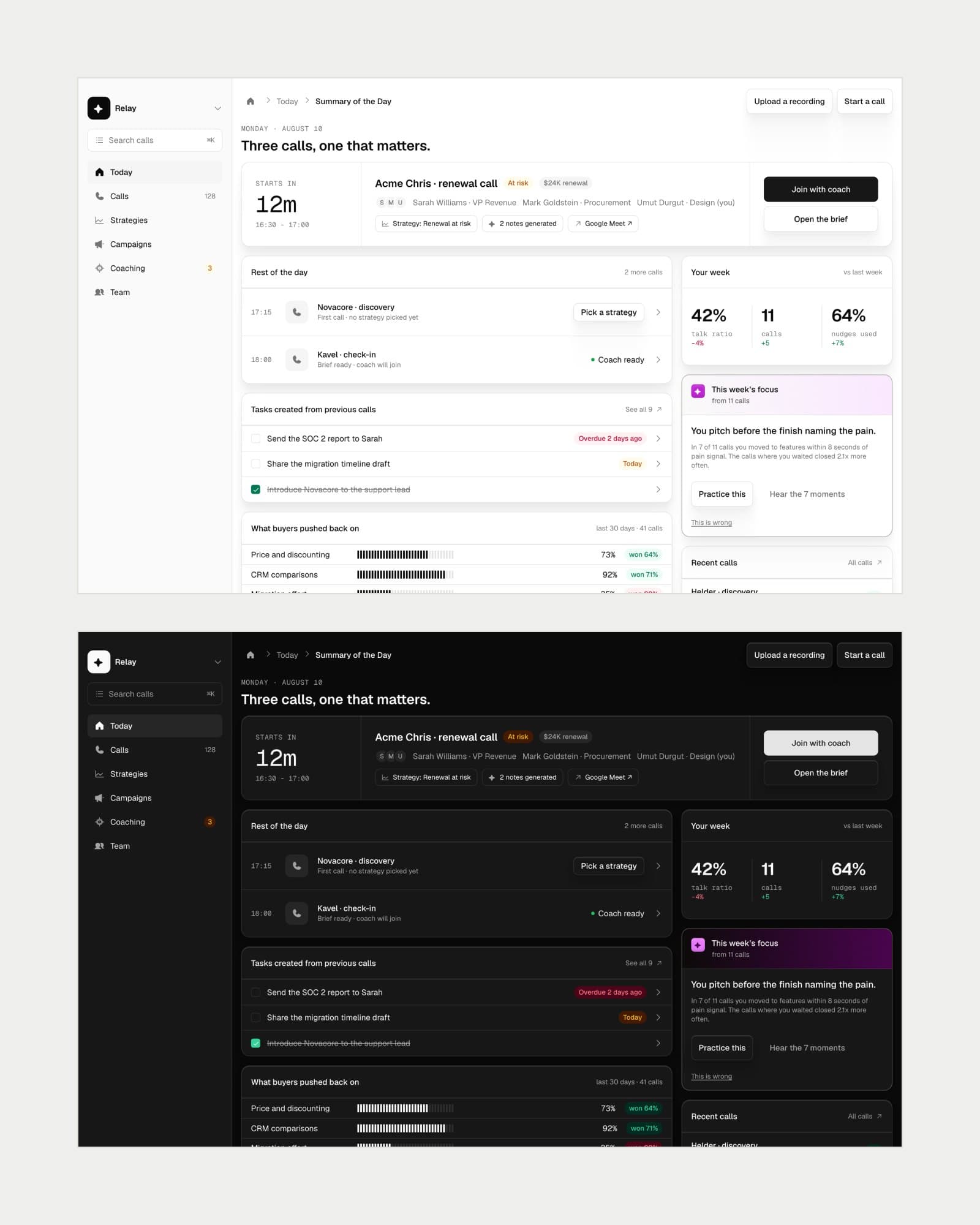 The day summary in Hermes, light mode above dark mode