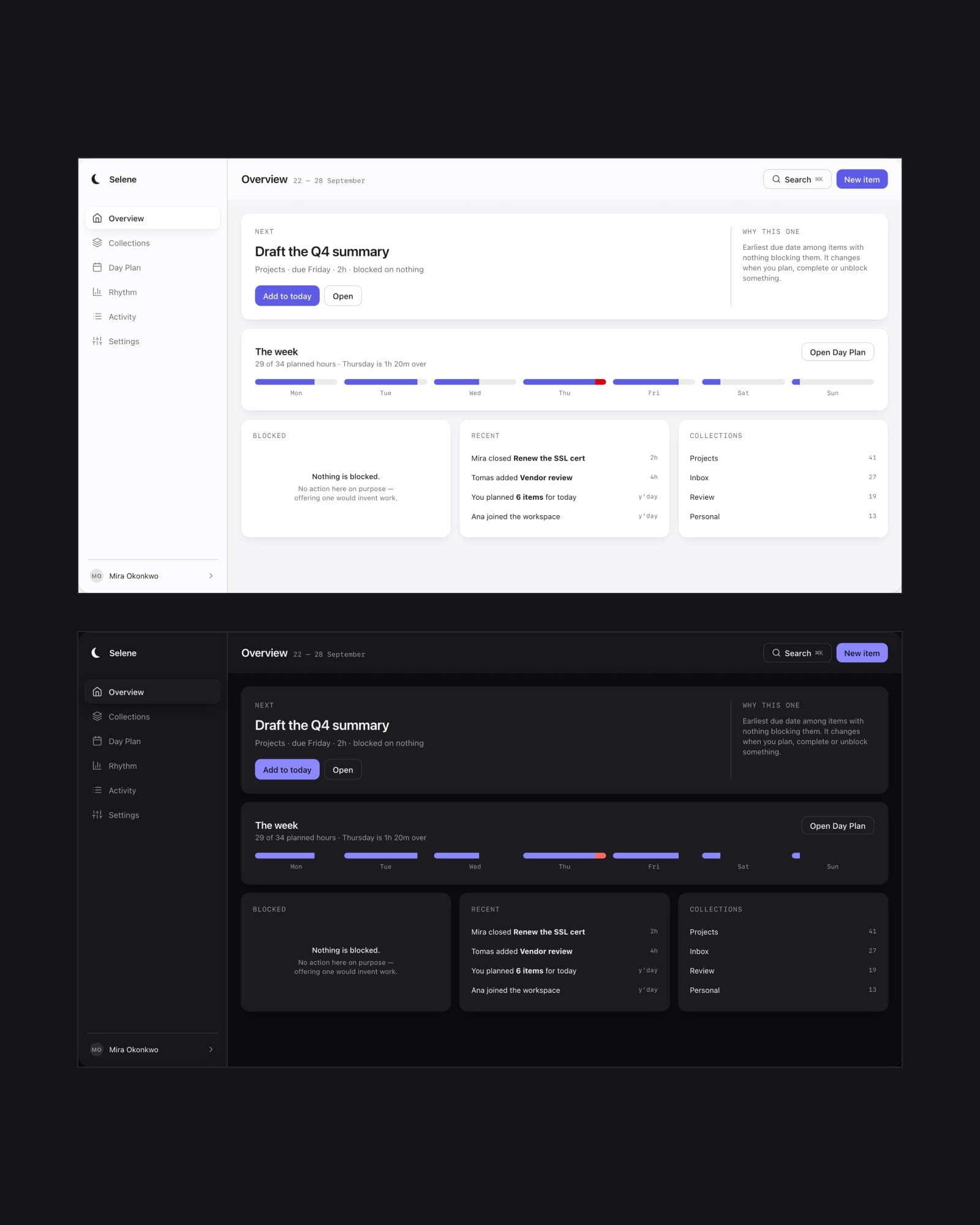 The overview page in Selene, light mode above dark mode