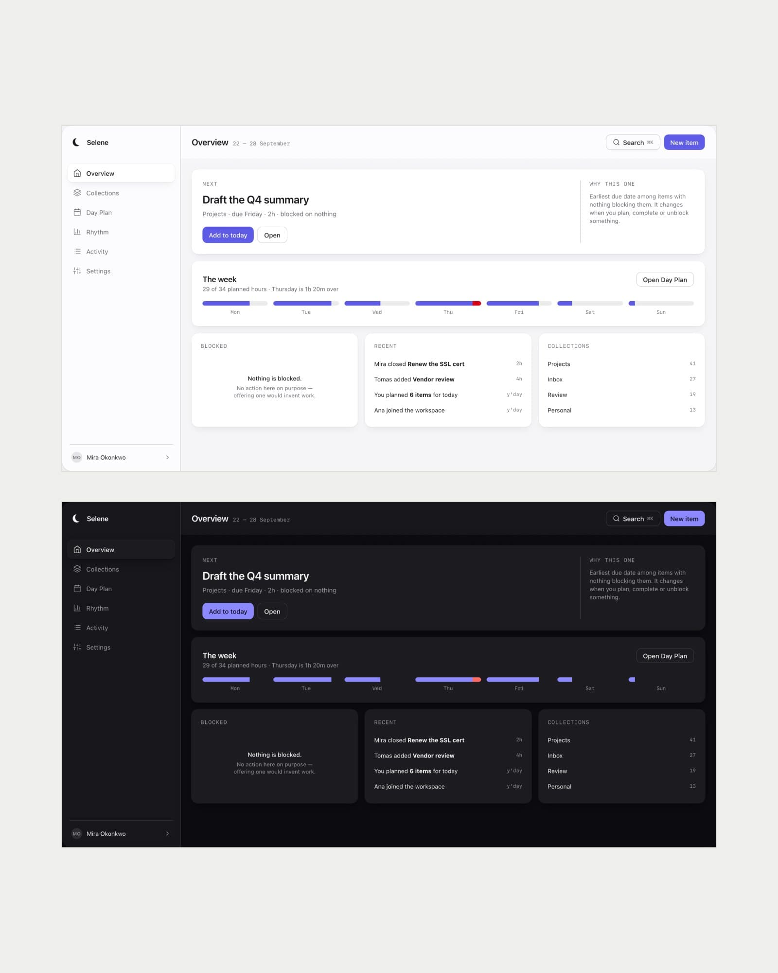 The overview page in Selene, light mode above dark mode