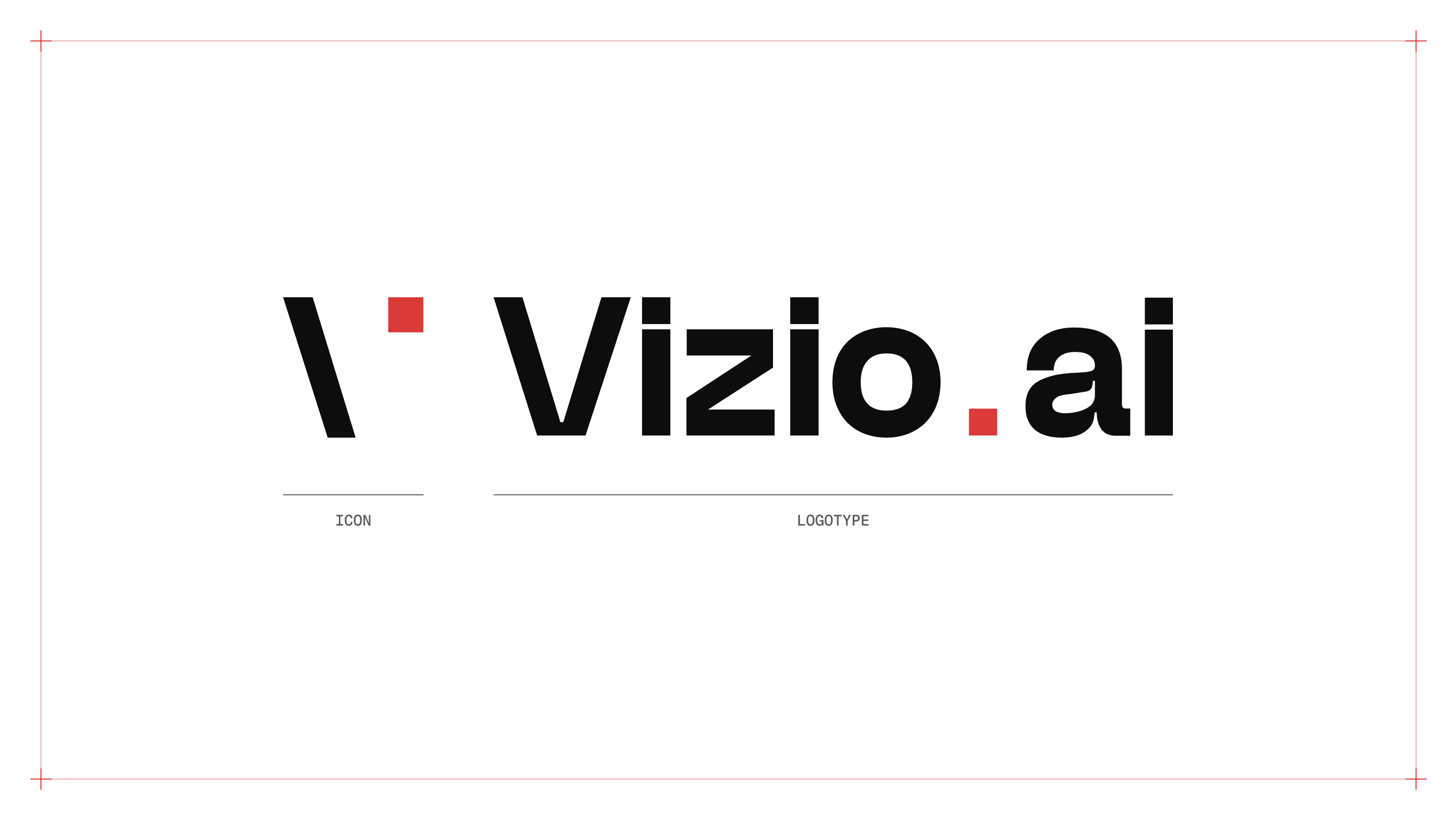 The Vizio.ai lockup taken apart: the backslash-and-square icon and the wordmark with its red full stop