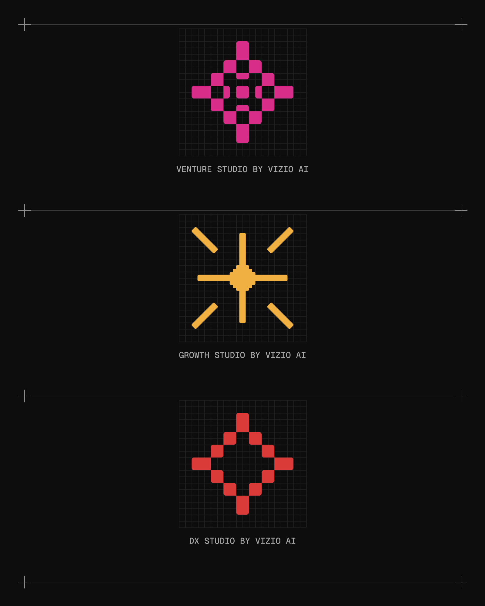 The three studio icons drawn on one pixel grid: Venture Studio in pink, Growth Studio in yellow and DX Studio in red