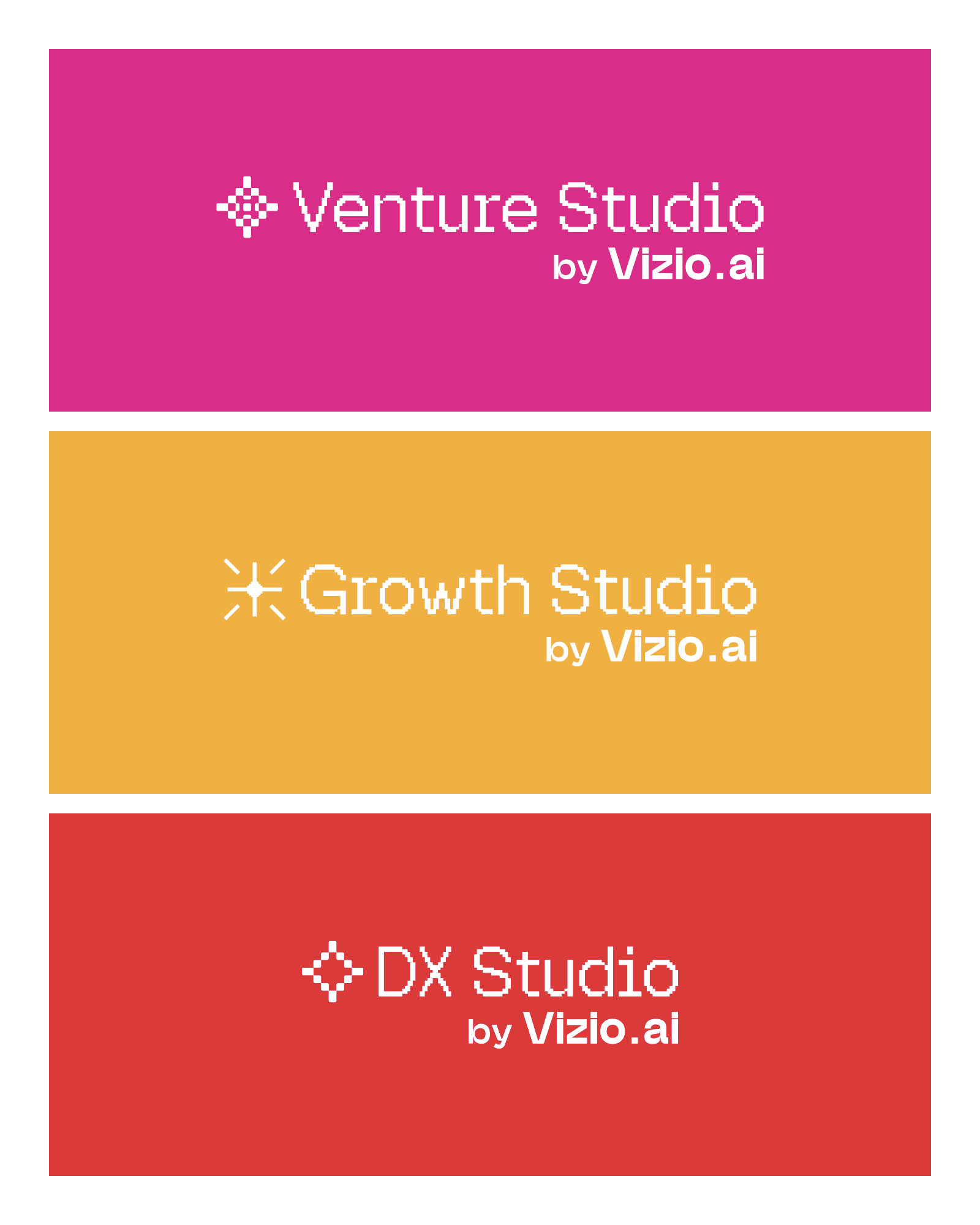 The three studio lockups in white on their own colors: Venture Studio, Growth Studio and DX Studio, each by Vizio.ai