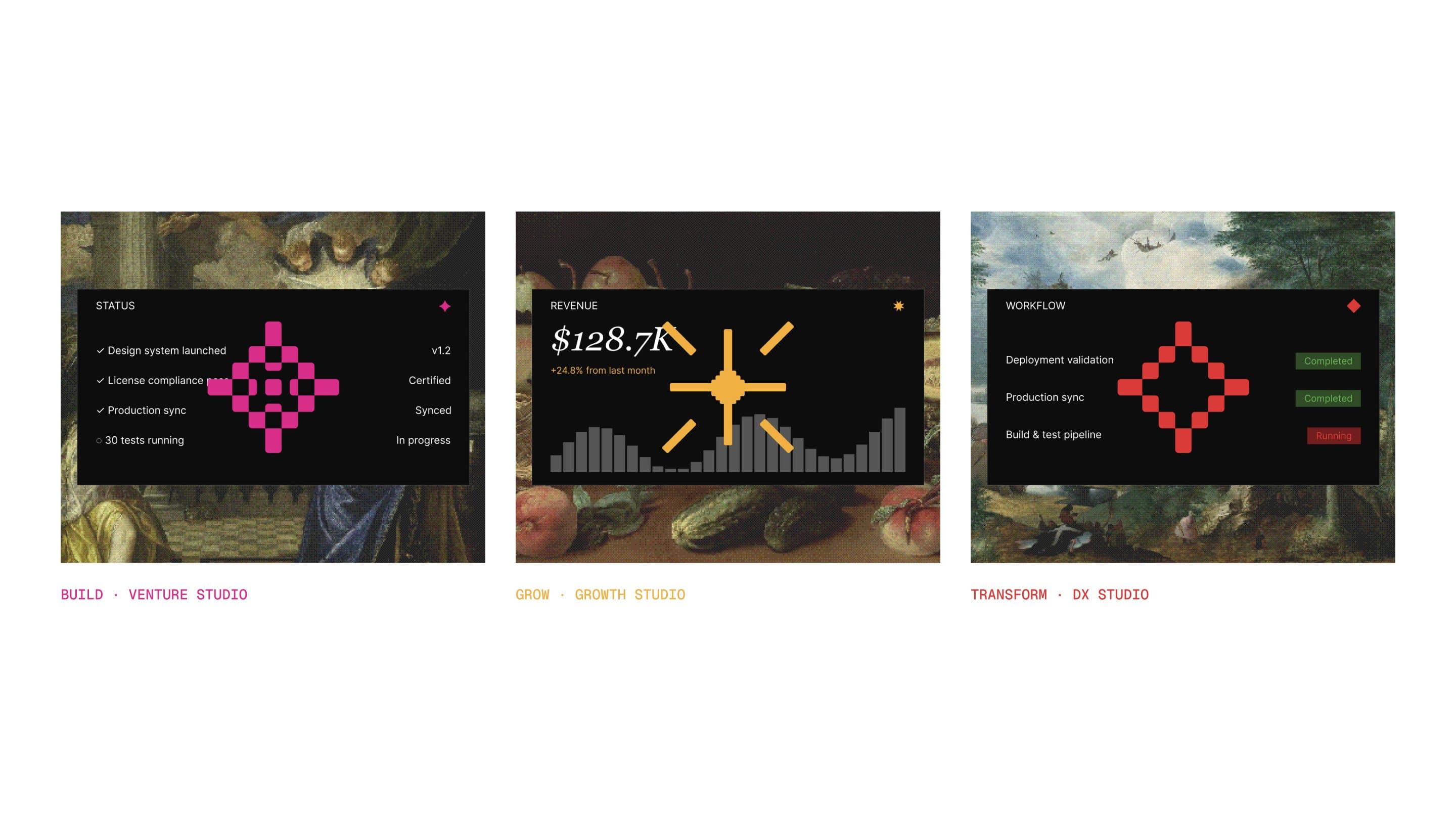 Three pixelated paintings, each carrying a dark product panel with one studio's icon: build, grow and transform
