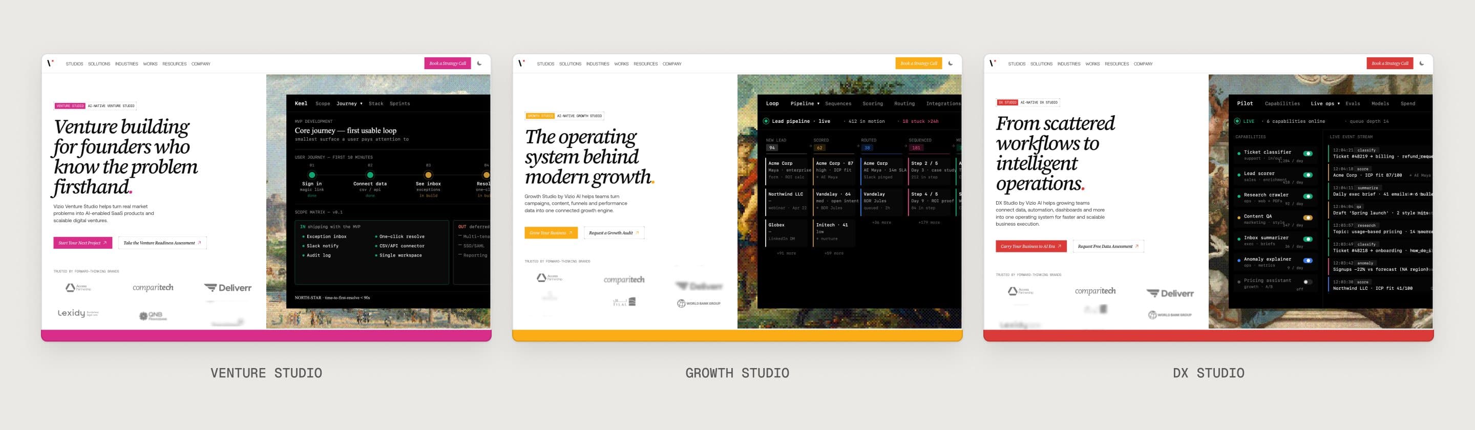 The Venture Studio, Growth Studio and DX Studio pages on Vizio.ai side by side: one layout in three accents