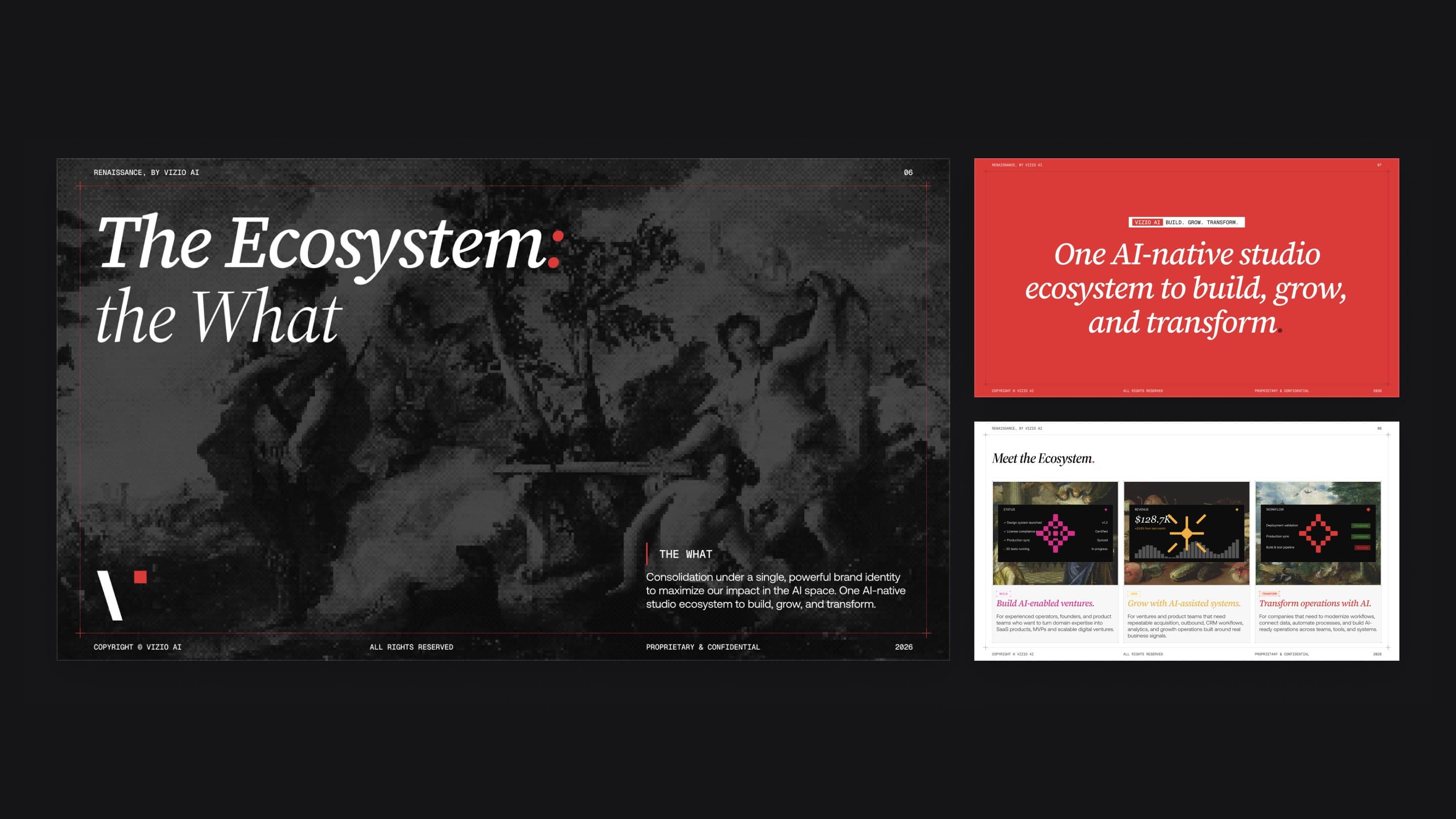 Three slides from the Renaissance deck: a section cover, the tagline slide and a content slide with the three studios