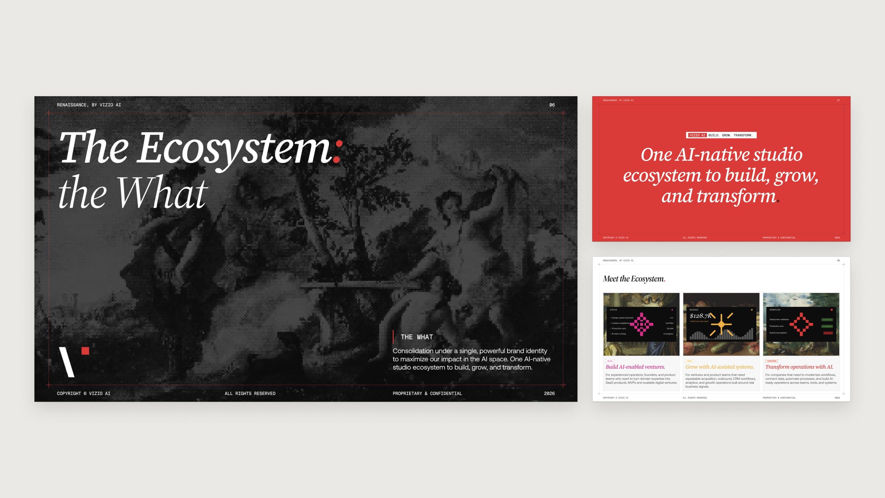 Three slides from the Renaissance deck: a section cover, the tagline slide and a content slide with the three studios