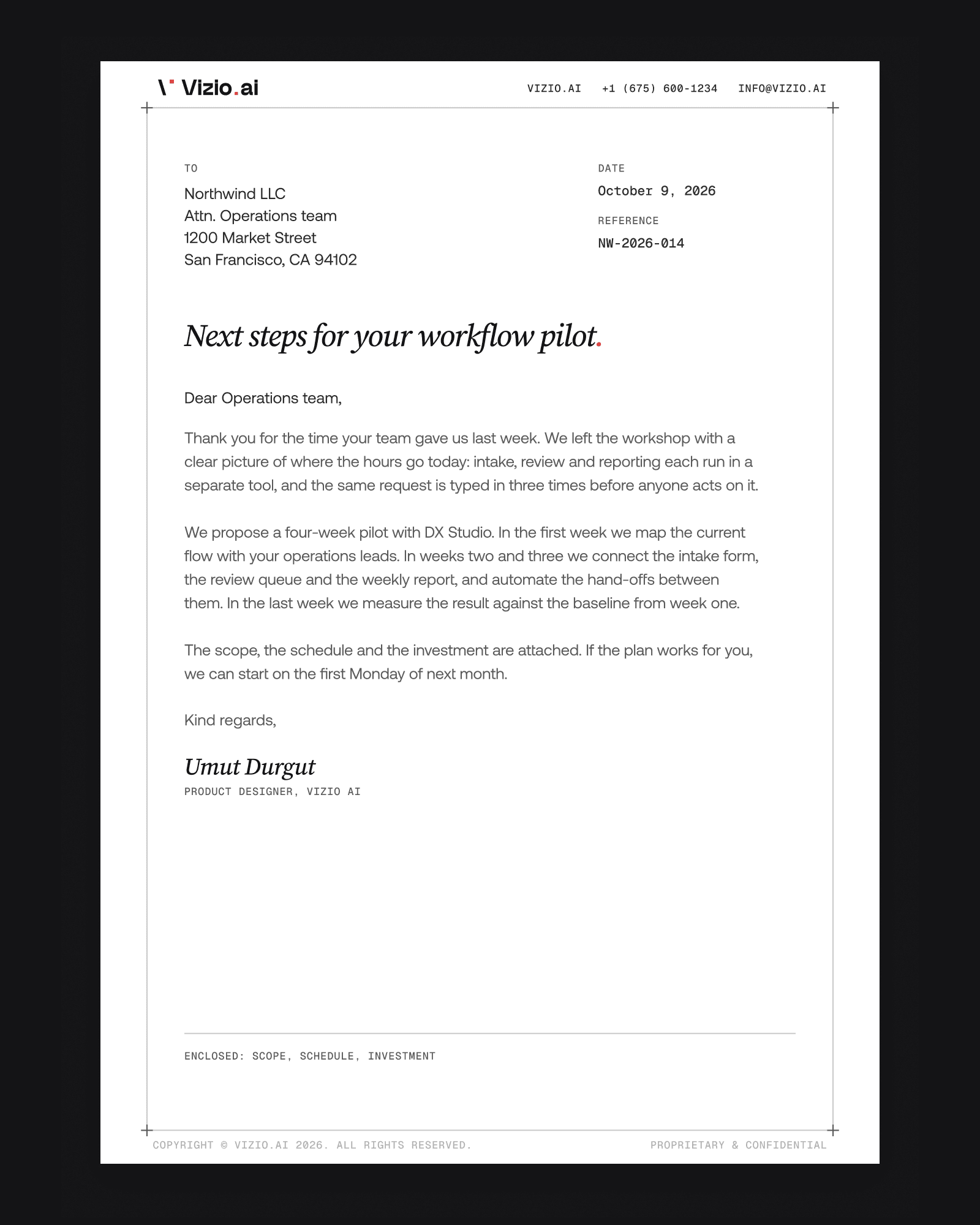 The Vizio AI letterhead: a DX Studio proposal letter on an A4 page
