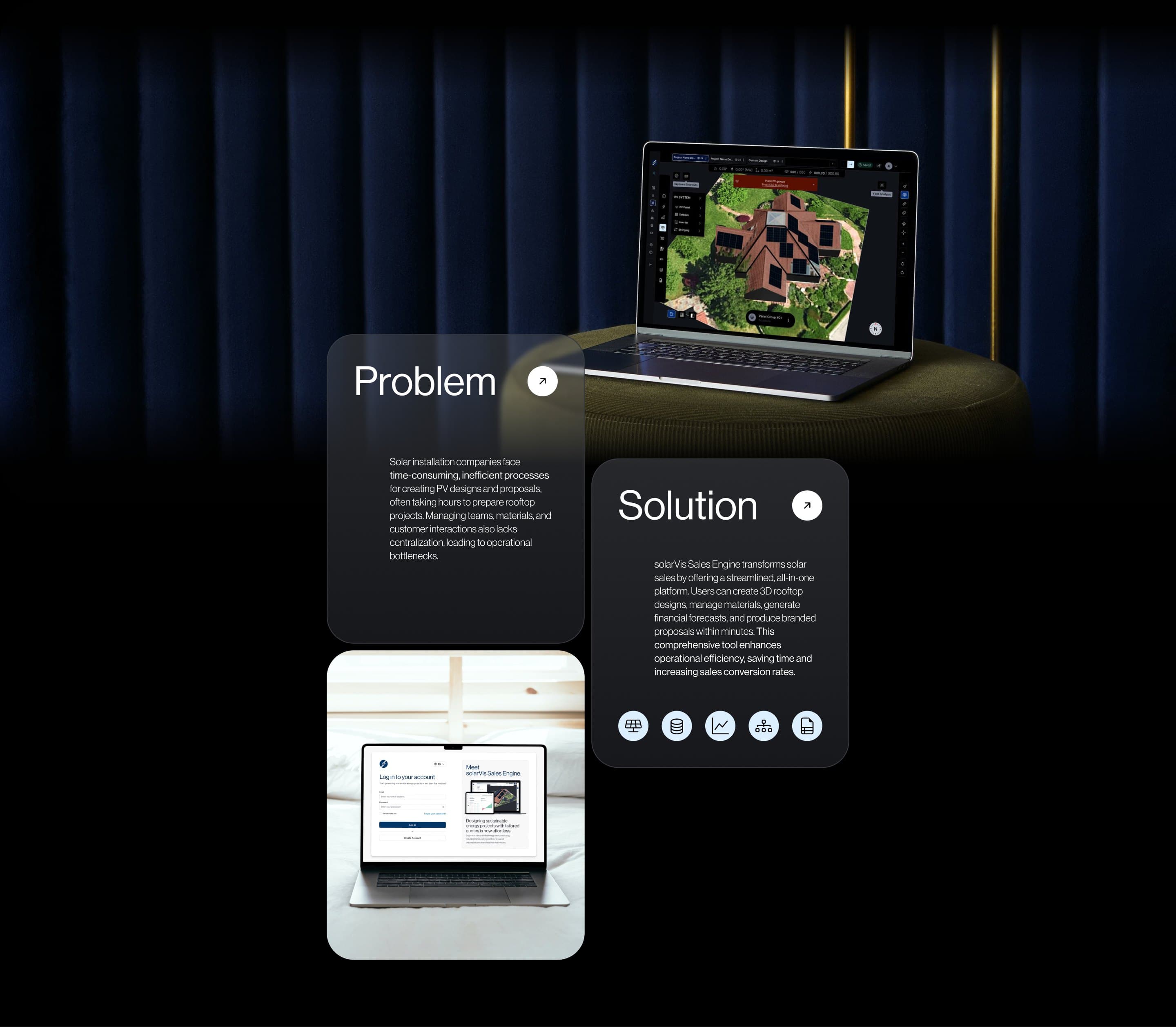 The site modeling step on a laptop in front of a velvet curtain, the problem and the solution side by side, and the Sales Engine login on a second laptop