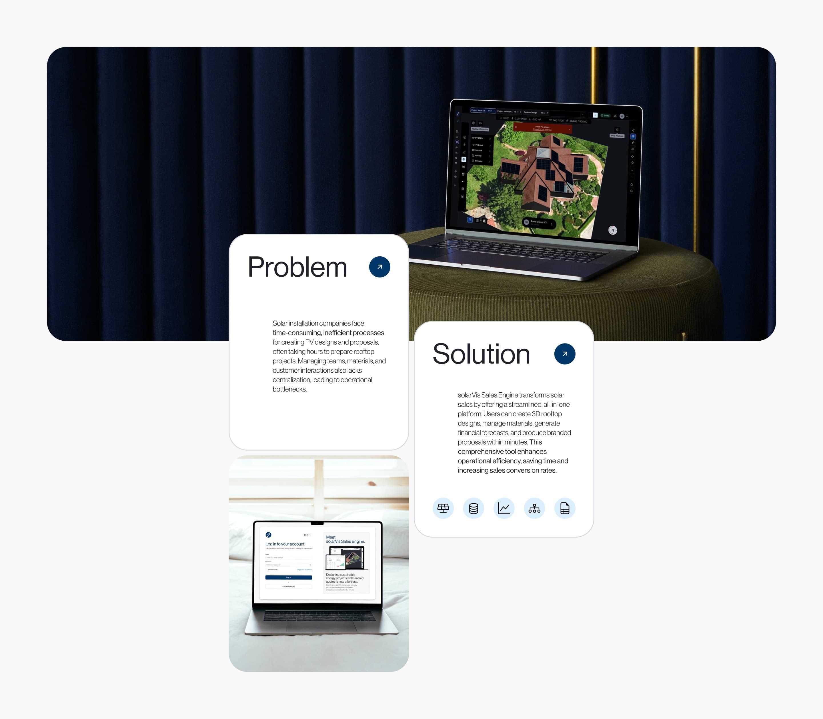 The site modeling step on a laptop in front of a velvet curtain, the problem and the solution side by side, and the Sales Engine login on a second laptop